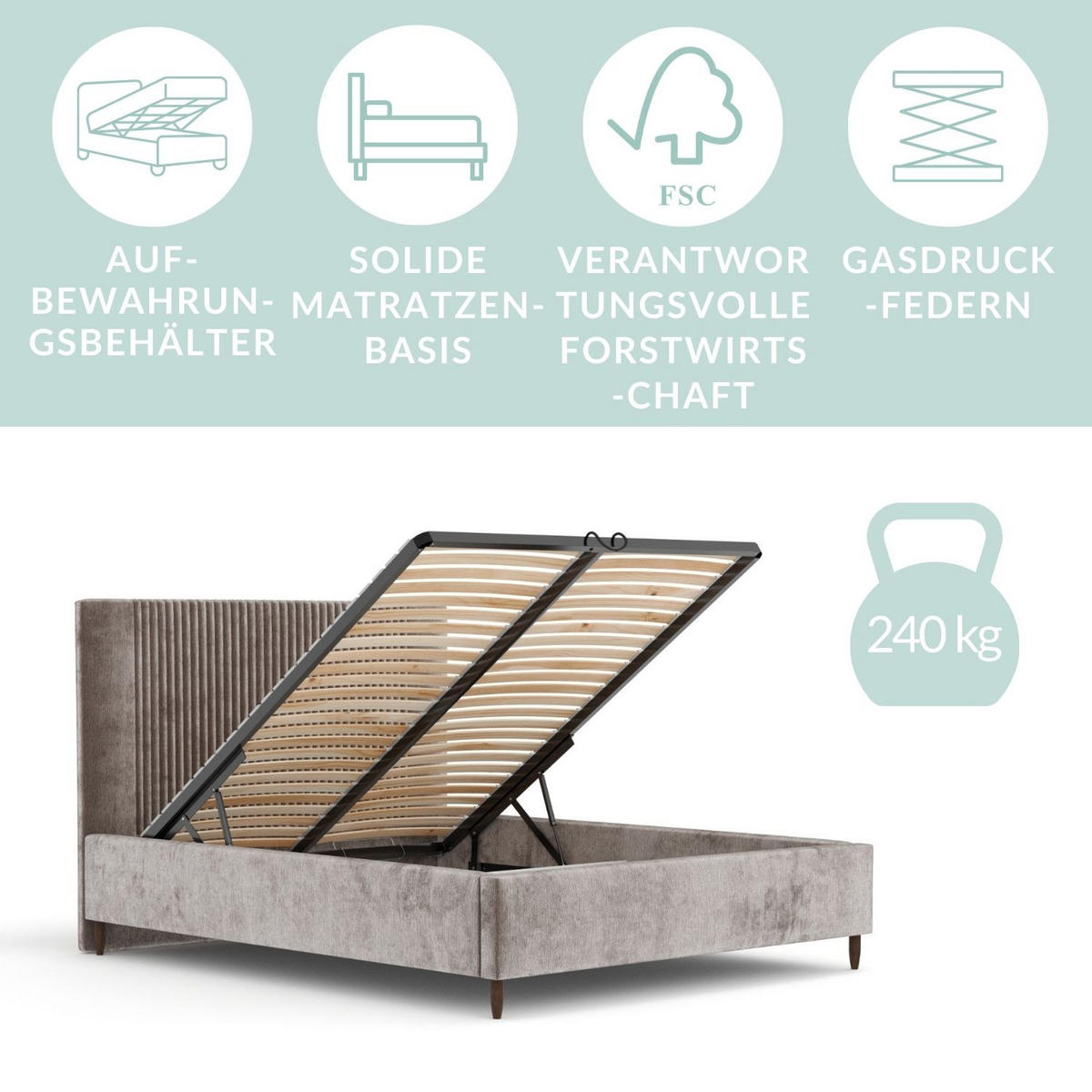 POLSTERBETT Etero Grau 120/200 cm im Chenille-Stoff - Wengefarben/Naturfarben, Holz/Holzwerkstoff (120/200cm) - Maison de Reve