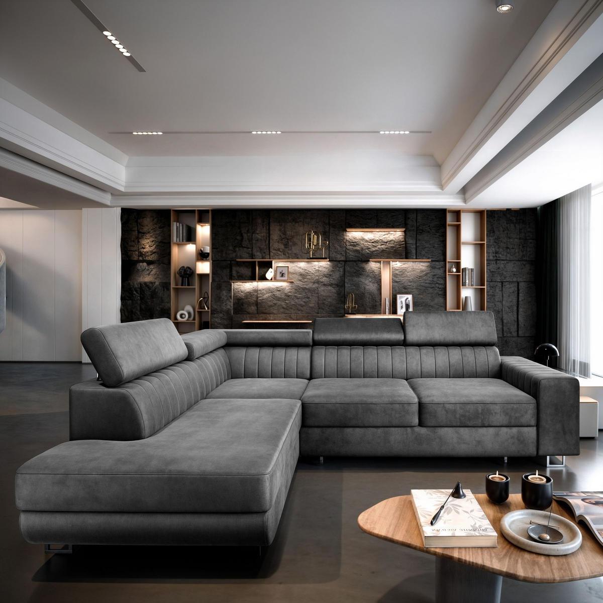 ECKSOFA NOLA L-S Grau Velours-Stoff mit Schlaffunktion - Grau, Holz (253/190cm) - MASSENO