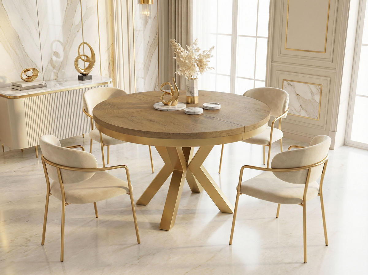 ESSTISCH Clara Gold runder ausziehbarer, Lancelot Eiche 100-180/100/76 cm - Eichefarben/Goldfarben, Holzwerkstoff/Metall (100/100/76cm) - WFL GROUP