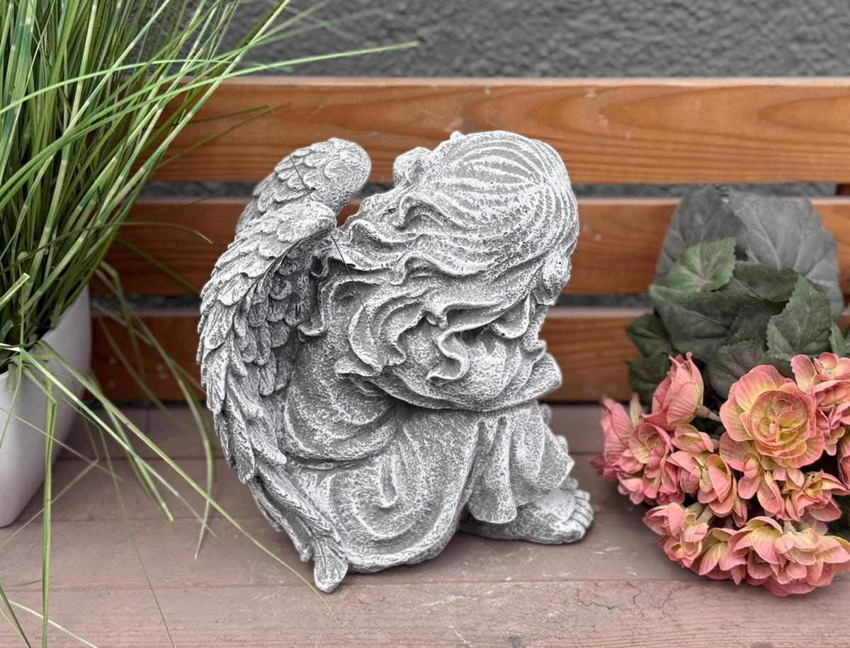 STEINFIGUR Engel Mädchen sitzend groß frostfest wetterfest aus massivem Steinguss - Grau, Stein (17/23/20cm) - stoneandstyle