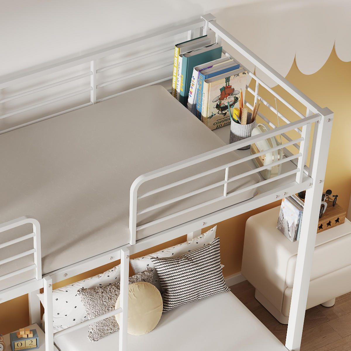 ETAGENBETT 90/200 cm Weiß mit Leiter und Stauraum für 3 Personen - Weiß, Metall (90/200cm) - OKWISH