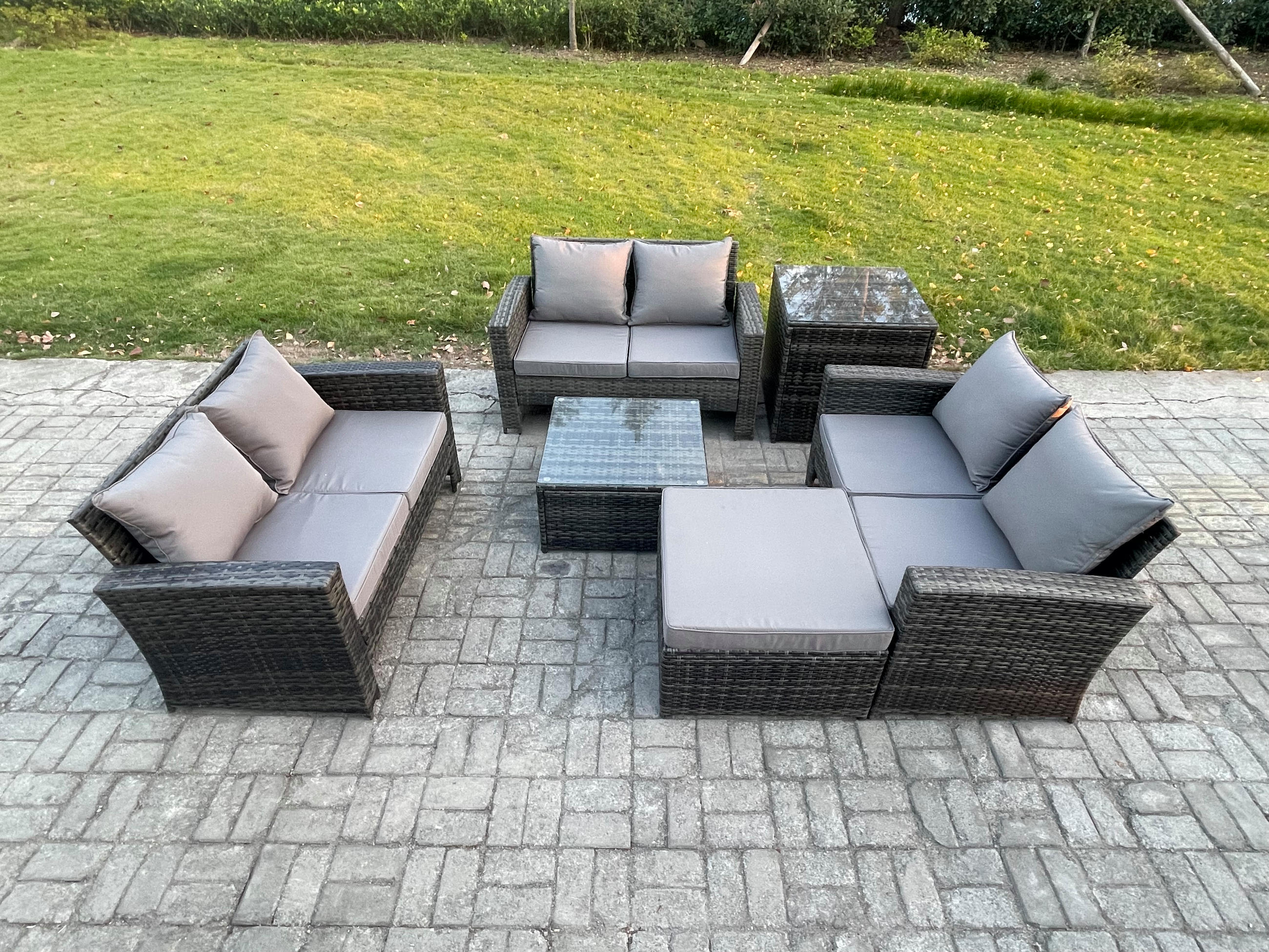 GARTENMÖBEL-SET mit Kissen Polyrattan Dunkelgrau 7-Sitzer - Dunkelgrau, Metall - Fimous