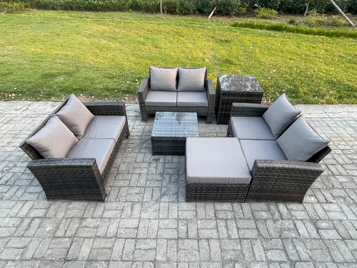 GARTENMÖBEL-SET mit Kissen Polyrattan Dunkelgrau 7-Sitzer - Dunkelgrau, Metall - Fimous