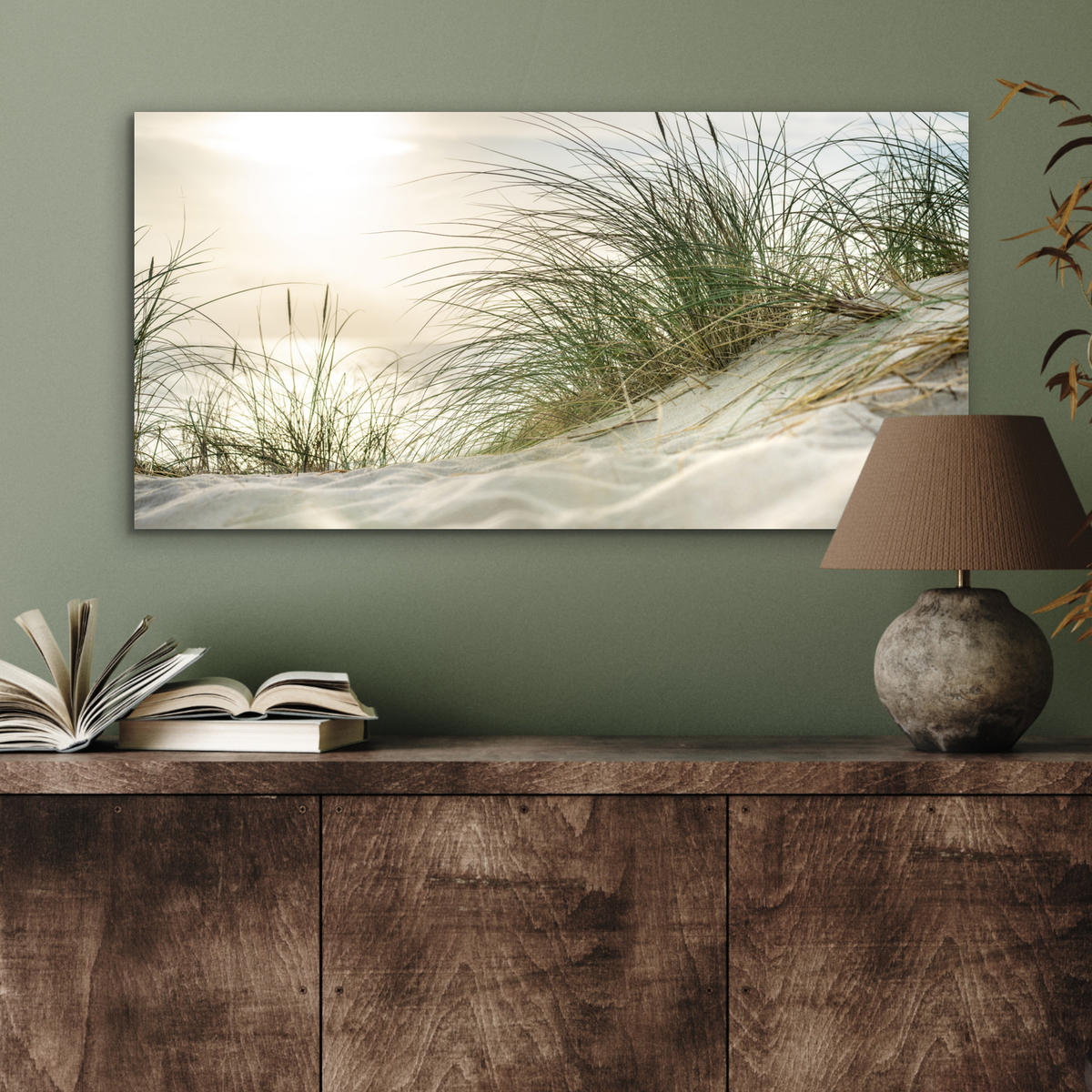 KOVOVÝ OBRAZ Duny s marramovou trávou pod slnkom nemeckého národného parku Schleswig-Holsteinisches Wattenmeer 80x40 cm - krémová, kov (80/40cm) - MuchoWow