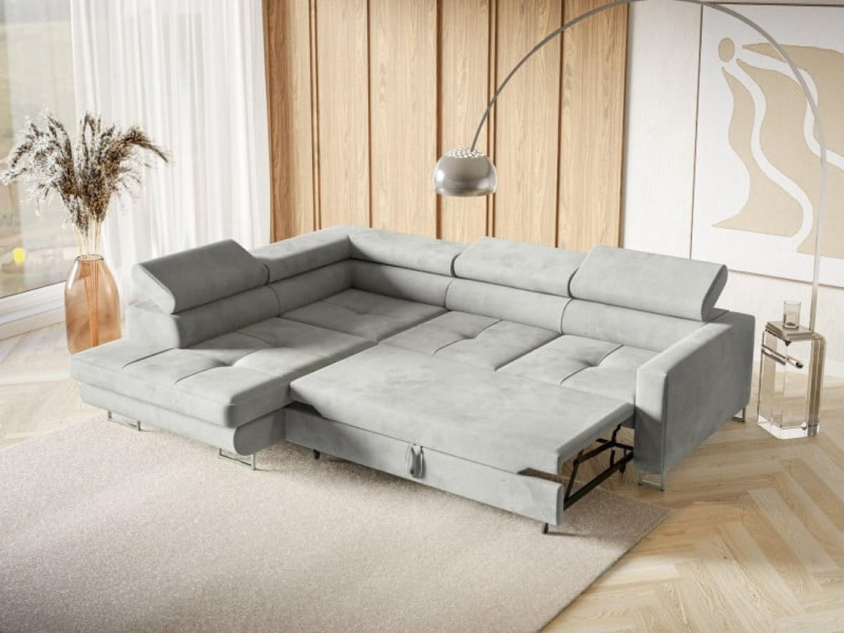 ECKSOFA Silber MERY L Mit Verstellbaren Kopfstützen Auf Silbernen Beinen - Grau, Textil (250/200cm) - Sepro Meble