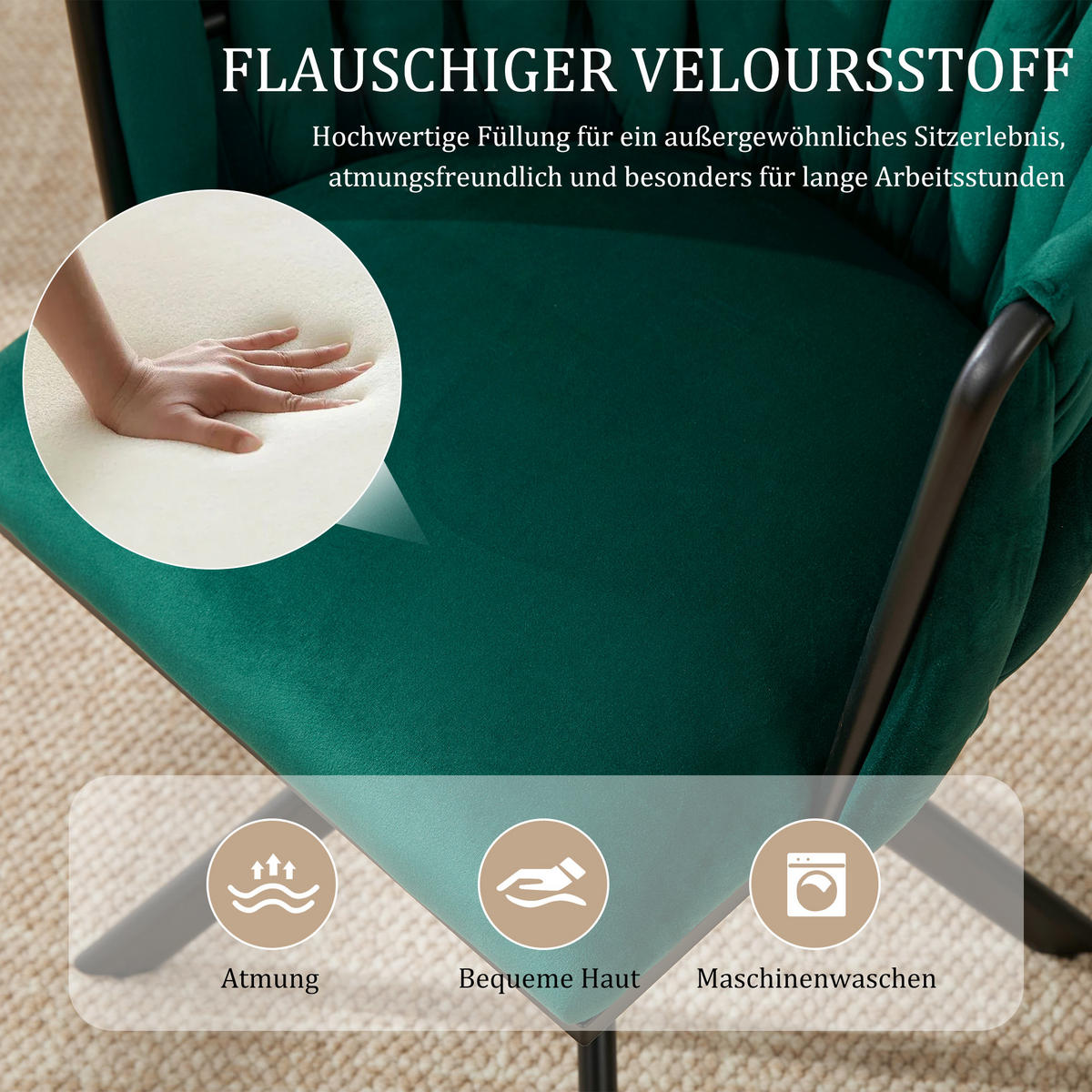 ARMLEHNSTUHL(SET à 2 Stück) - Metallgestell, ergonomisches Design und hochwertiger Velours - Smaragdgrün - Dunkelgrün, Textil/Metall (50/70/56cm) - KOMHTOM