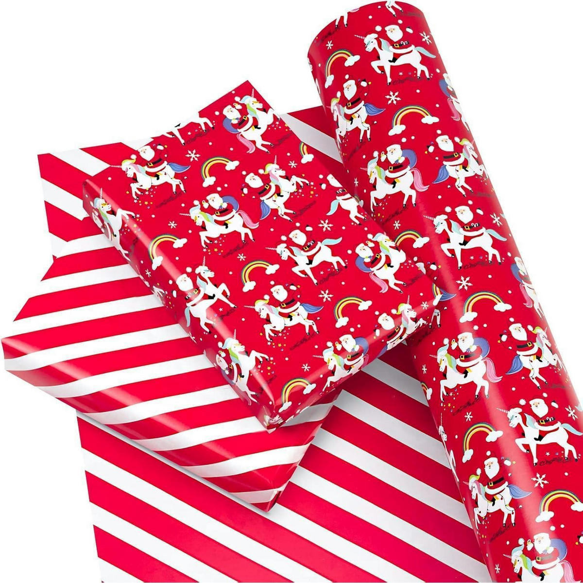 GESCHENKPAPIER Wendbar 43,2 cm x 10 m Weihnachtsmann Einhorn Streifen - Multicolor, Papier (4/44/4cm)