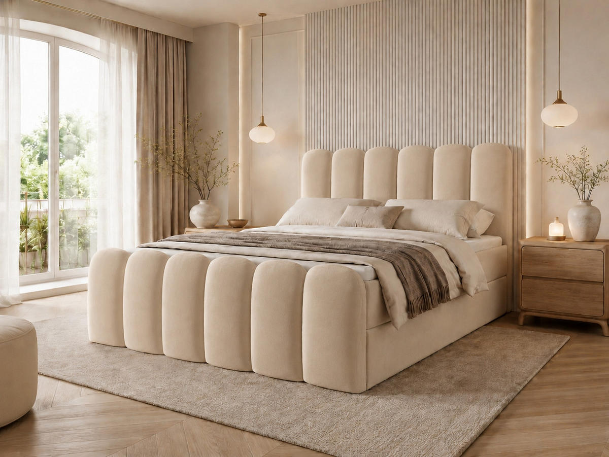 BOXBETT CUDDLE 120x200 cm in Hellbeige, Bettkasten, Topper, Velvet-Stoff - Beige, Holz/Textil (120/200cm) - EMLAR Home