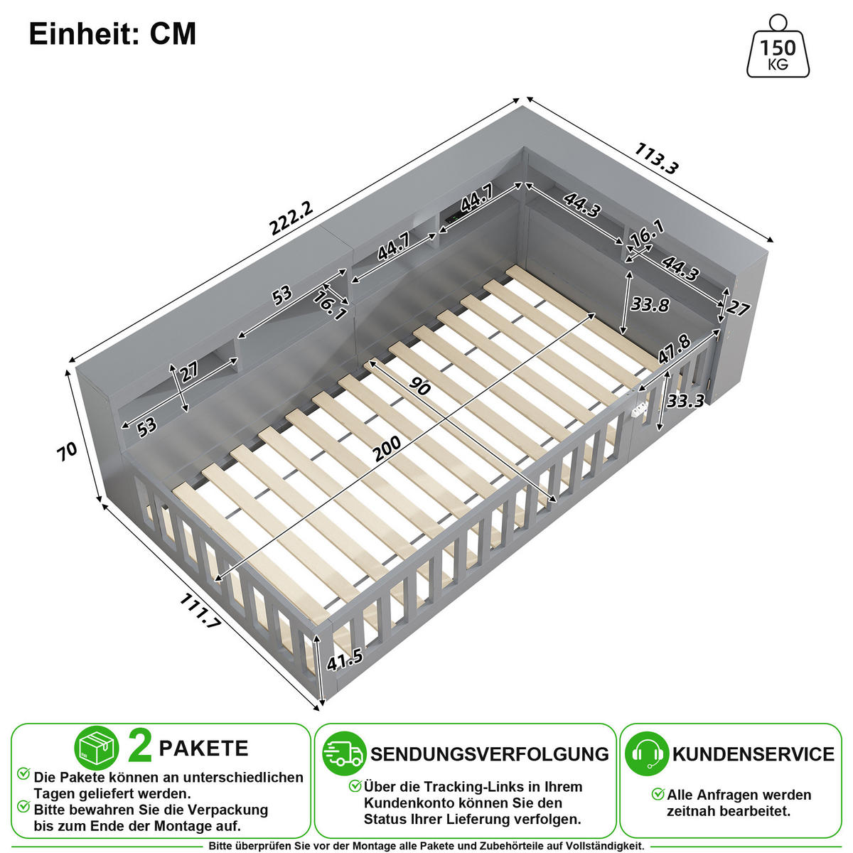 BETT 90/200 cm in Grau mit Ablage, USB und Steckdose - Grau, Holz/Holzwerkstoff (90/200cm) - CHICFURN
