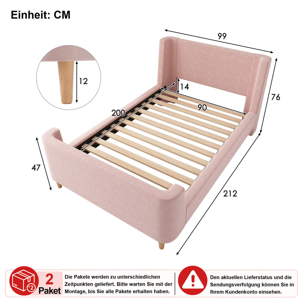 KINDERBETT 90/200 cm in Rosa Samt mit Weltraummuster - Rosa, Holzwerkstoff/Textil (90/200cm) - CHICFURN