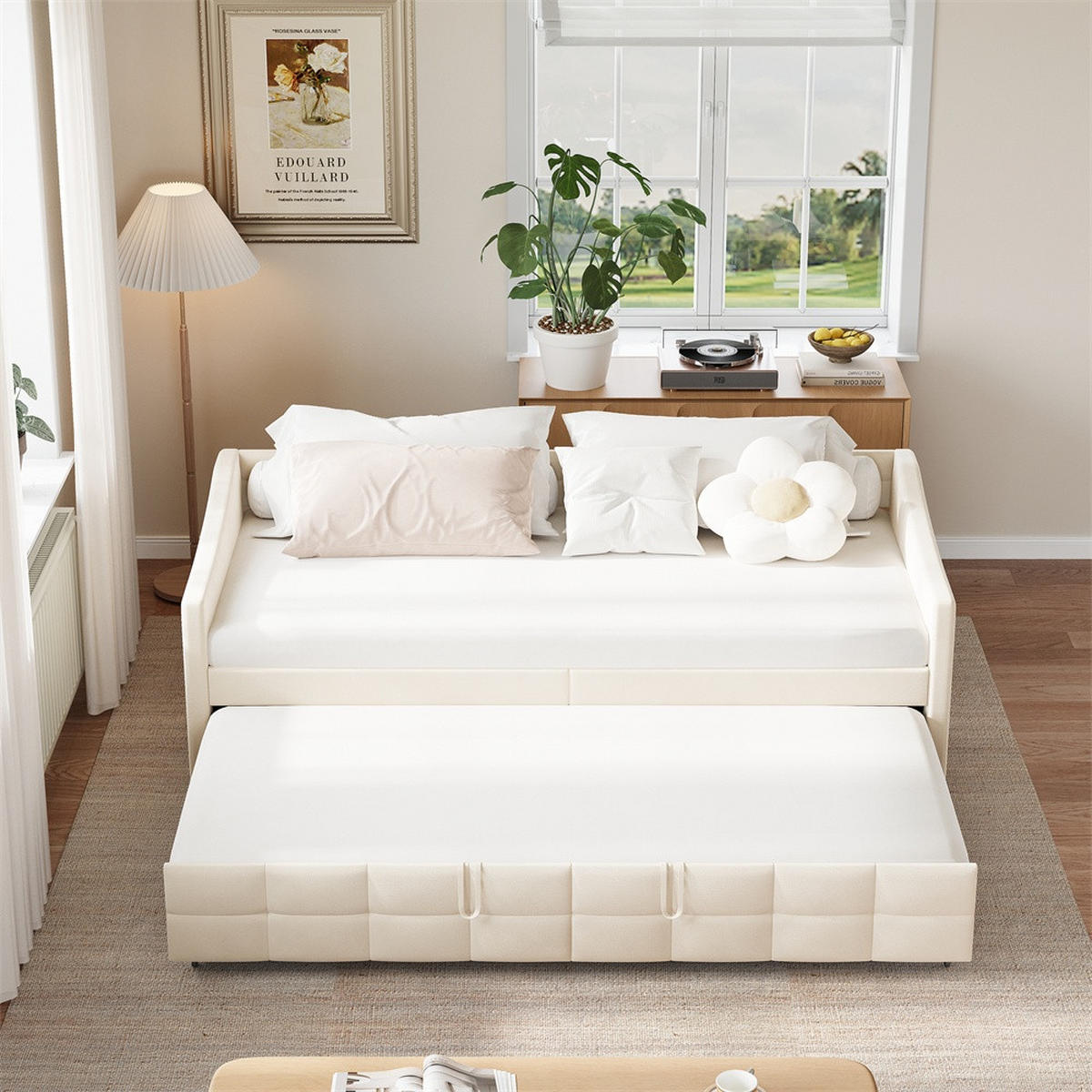 POLSTERBETT 90x200cm mit Ausziehfunktion 90x190cm - Doppelbett 90x200cm&90x190cm - ohne Matratze - Creme - Creme, Textil (90/200cm) - DELFA