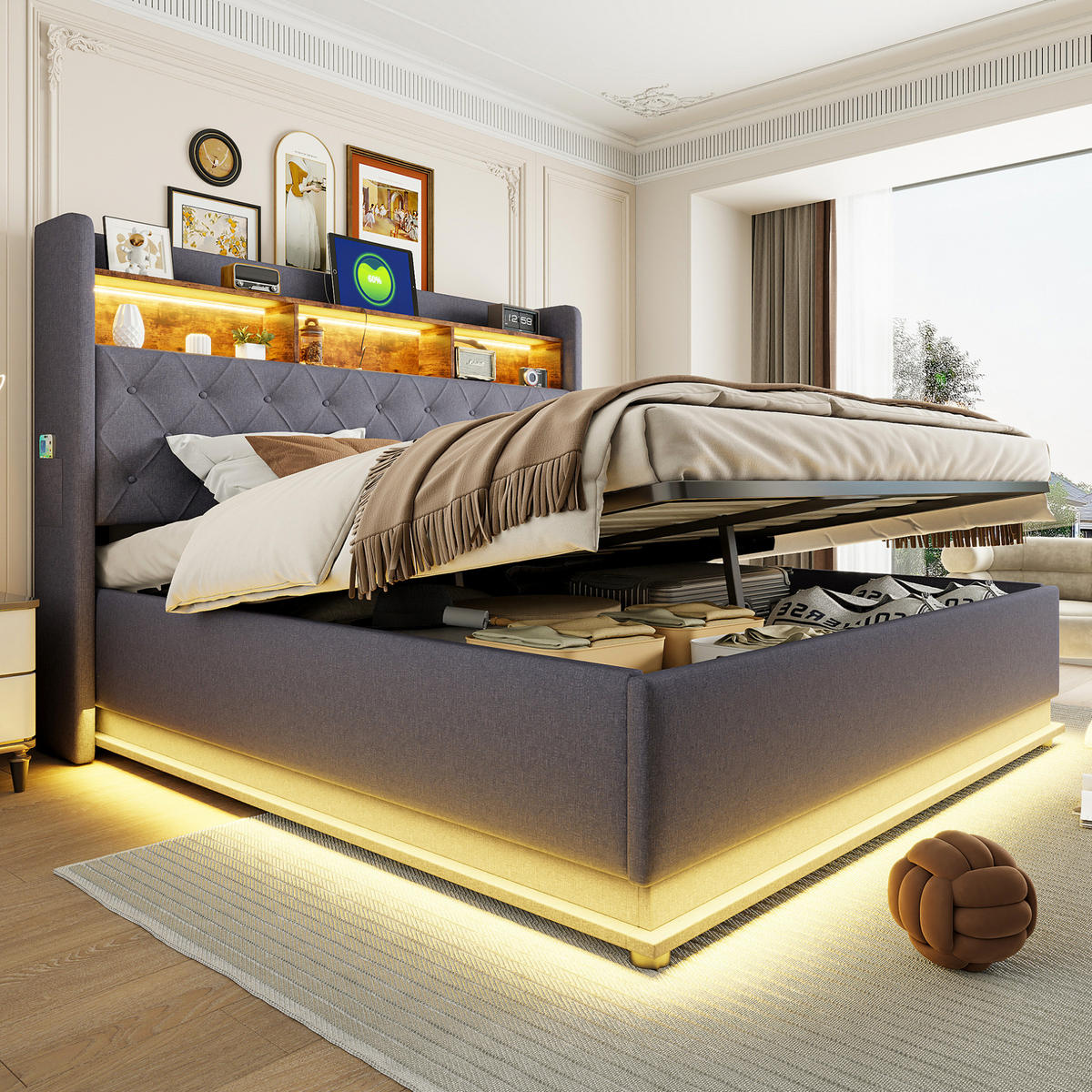 POLSTERBETT 180/200 cm Grau mit LED-Beleuchtung und USB-Anschluss aus Leinen - Grau, Textil (180/200cm) - OKWISH