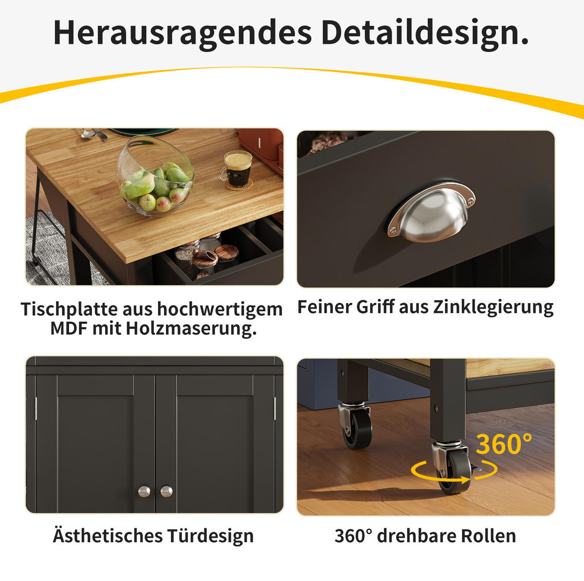 KÜCHENINSEL 120/45/90 cm aus MDF mit klappbarer Tischplatte und Rollen Schwarz/Natur - Schwarz, Holzwerkstoff (120/90/73cm) - Modenvie