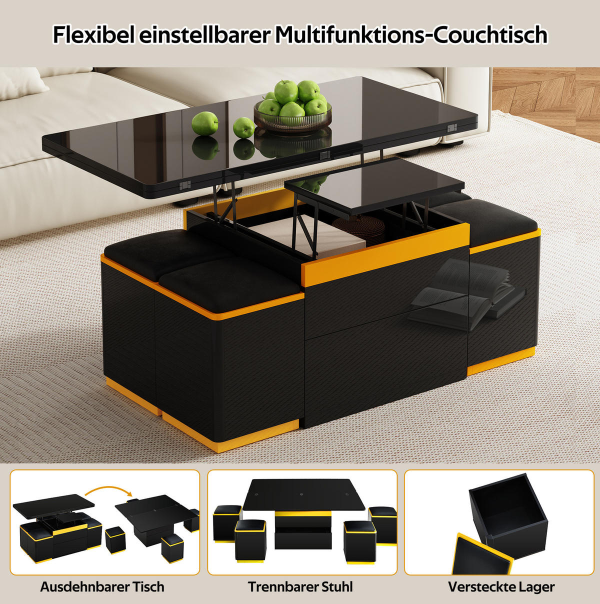 COUCHTISCH 100/50/43 cm Schwarz Gelb höhenverstellbar mit Stauraum und 4 Hockern - Schwarz, Holzwerkstoff (100/50/43cm) - OKWISH