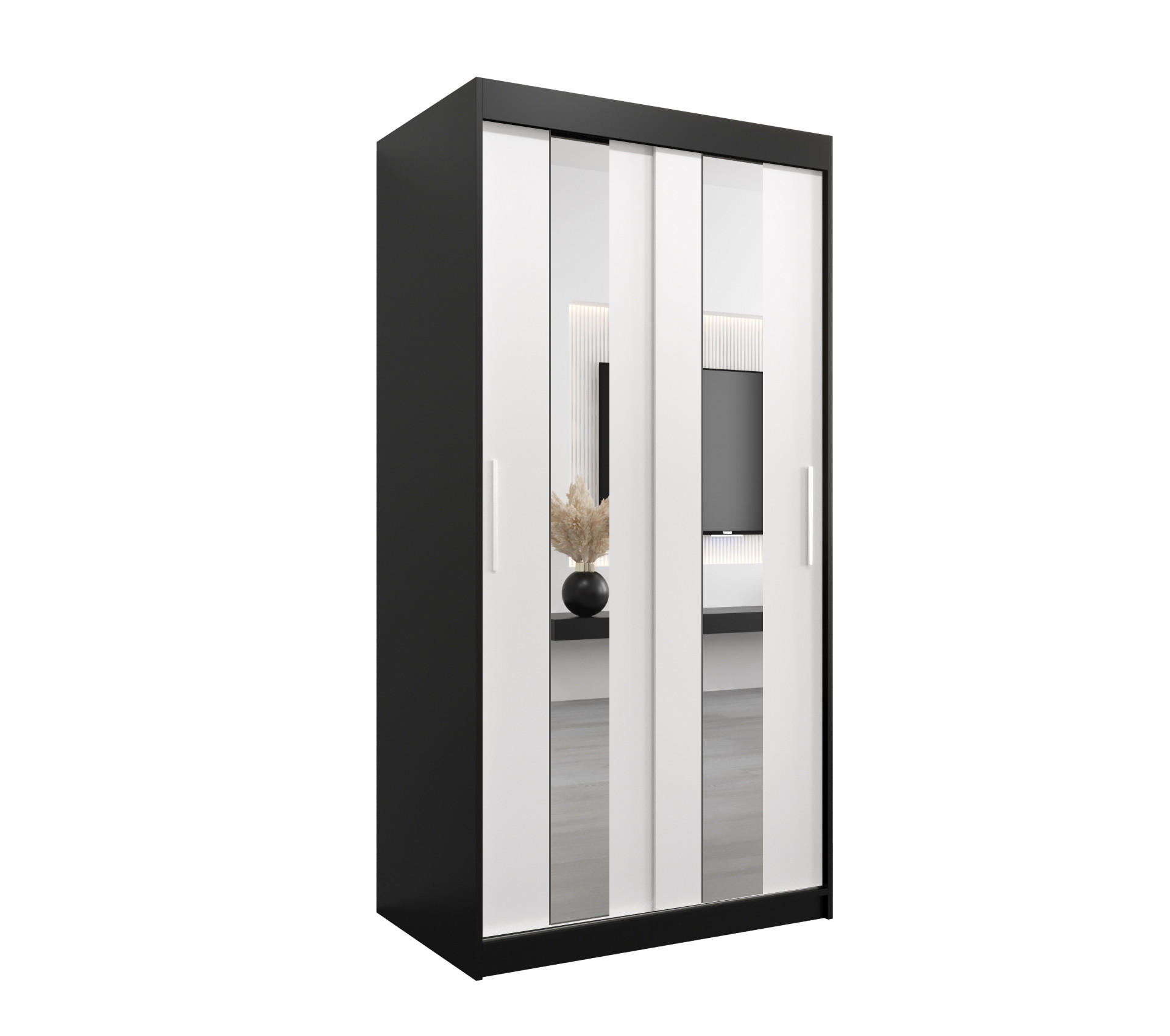 Abiks Möbel Schwebetürenschrank Schwarz, Weiß 100x200x62 cm