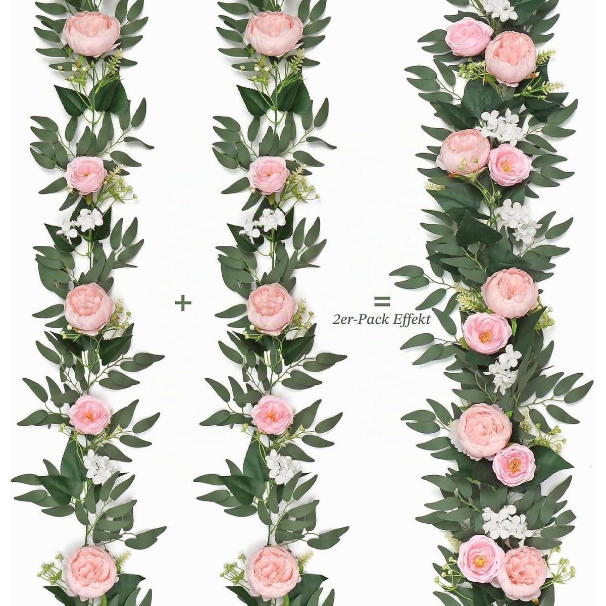 KÜNSTLICHE Blumen Girlande Eukalyptus Pfingstrose 200 cm Hellrosa 2 Stück - Rosa, Kunststoff (10cm)