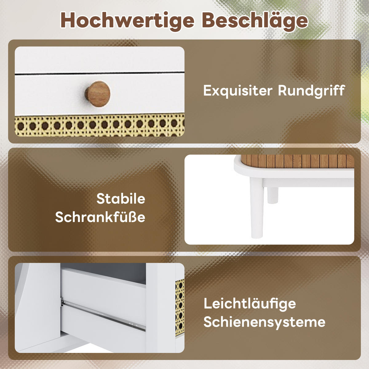 SIDEBOARD in Weiß & Holz-Optik Rattankommode mit 3 Schubladen & Bogen-Design - Weiß, Holzwerkstoff (140.5/76/40cm) - Urban Meuble