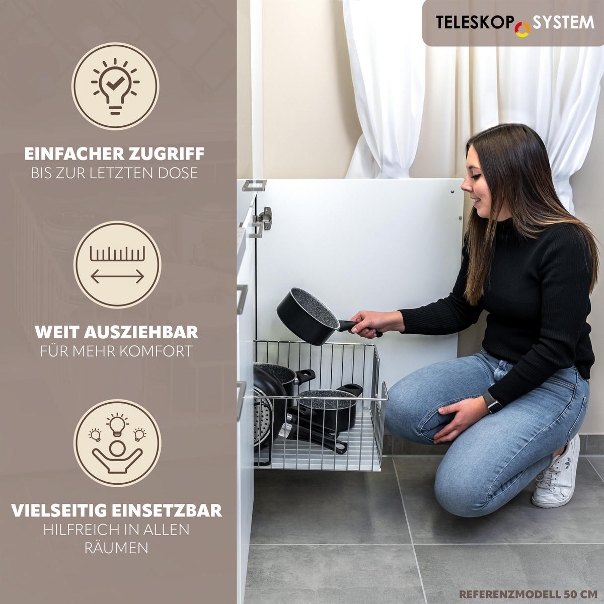 SCHRANK-KORBAUSZUG 30 cm, silber, Metall - Chromfarben, Metall (30/23/50.5cm) - bremermann