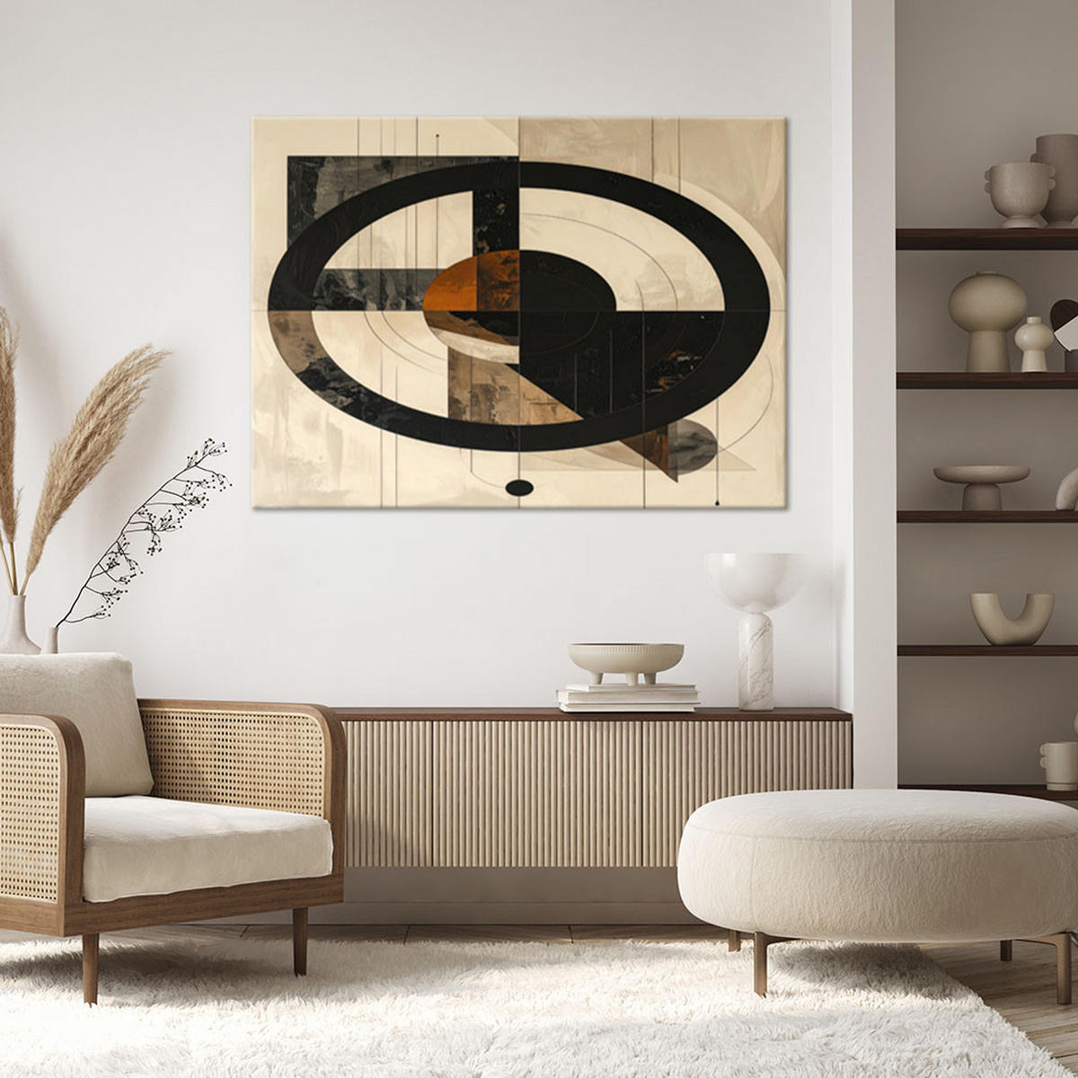 LEINWANDBILDER, Geometrische Formen mit einem schwarzen Bogen auf beigem Hintergrund - Beige, Textil (120/80cm) - Feeby