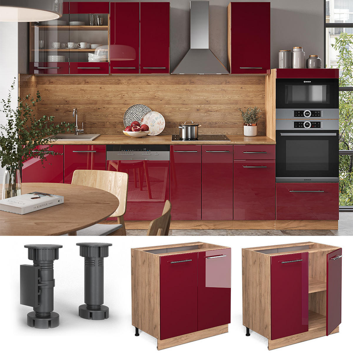 KÜCHENUNTERSCHRANK Fame-Line Bordeaux Hochglanz 80 cm mit Regal, AP Eiche - Bordeaux/Eiche Wotan, Holzwerkstoff (80/82/60cm) - Vicco