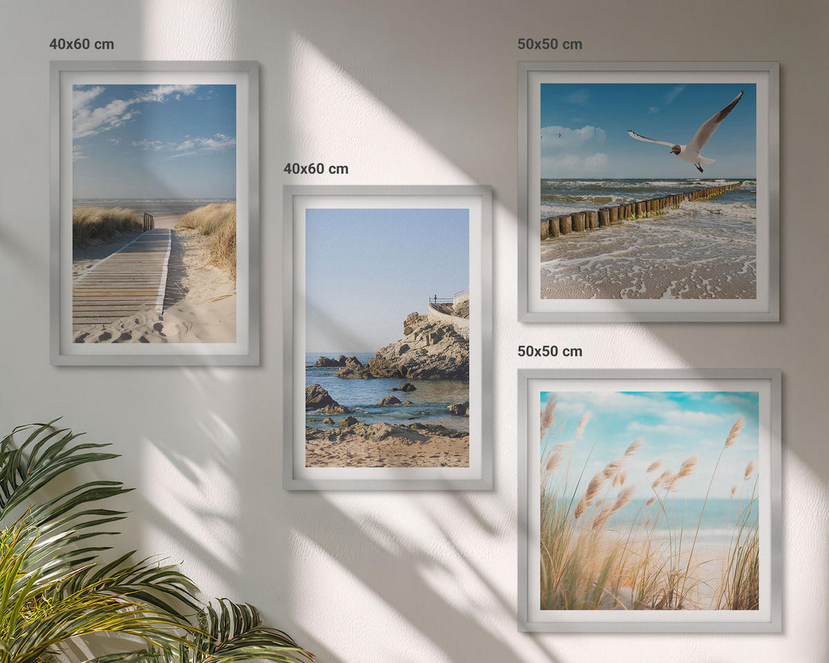 BILDER SET 4er Set - 50x50 cm & 40x60 cm Silberner Rahmen - Strand Holzsteg Klippen - Silberfarben, Kunststoff (50/50cm) - TULUP