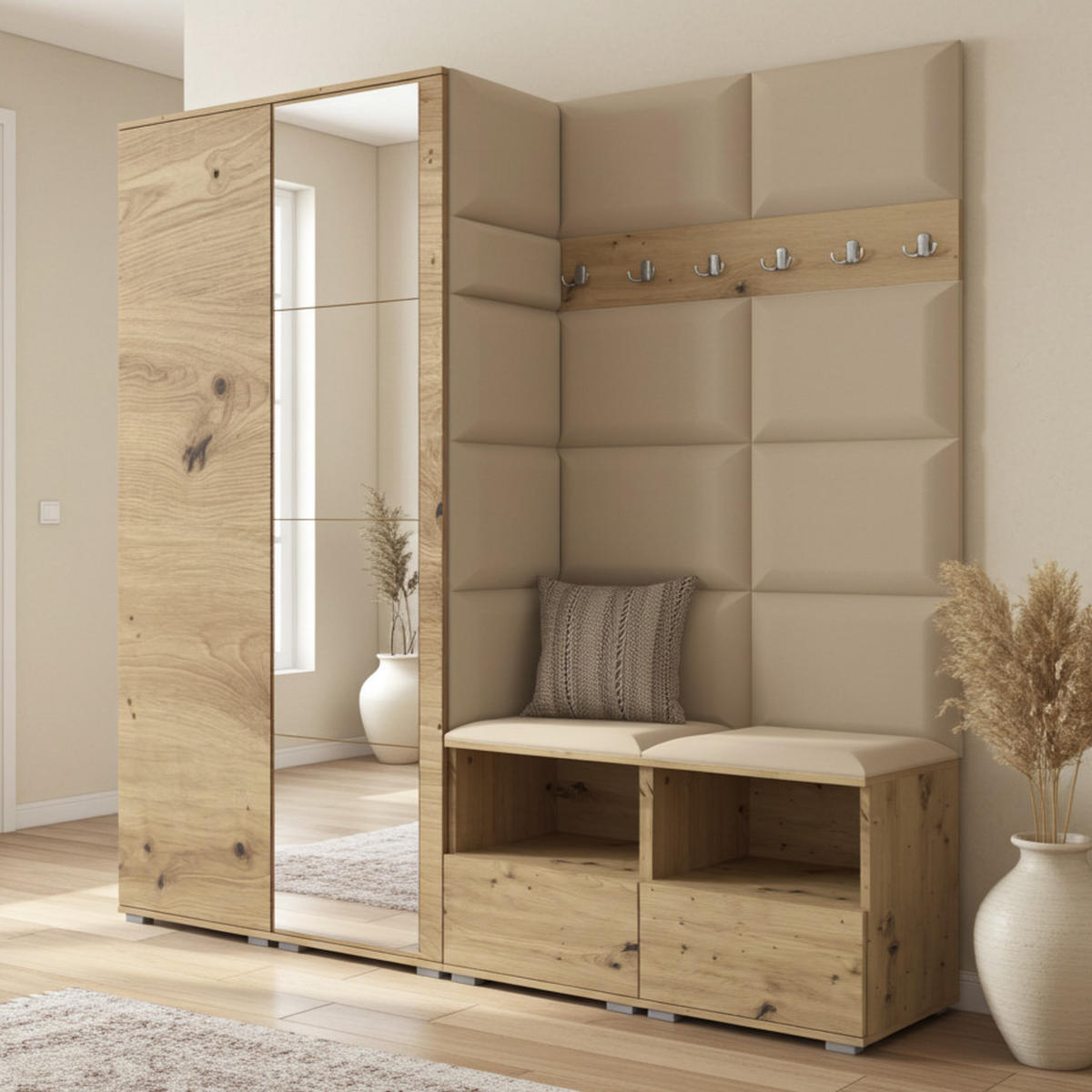 GARDEROBE NELA VI 200 cm (Kompaktgarderobe Artisan Eiche mit Spiegel & Sitzpolster Beige 04 Schrank & Paneel) - Beige/Silberfarben, Holz/Holzwerkstoff (200/187/40cm) - Ravio