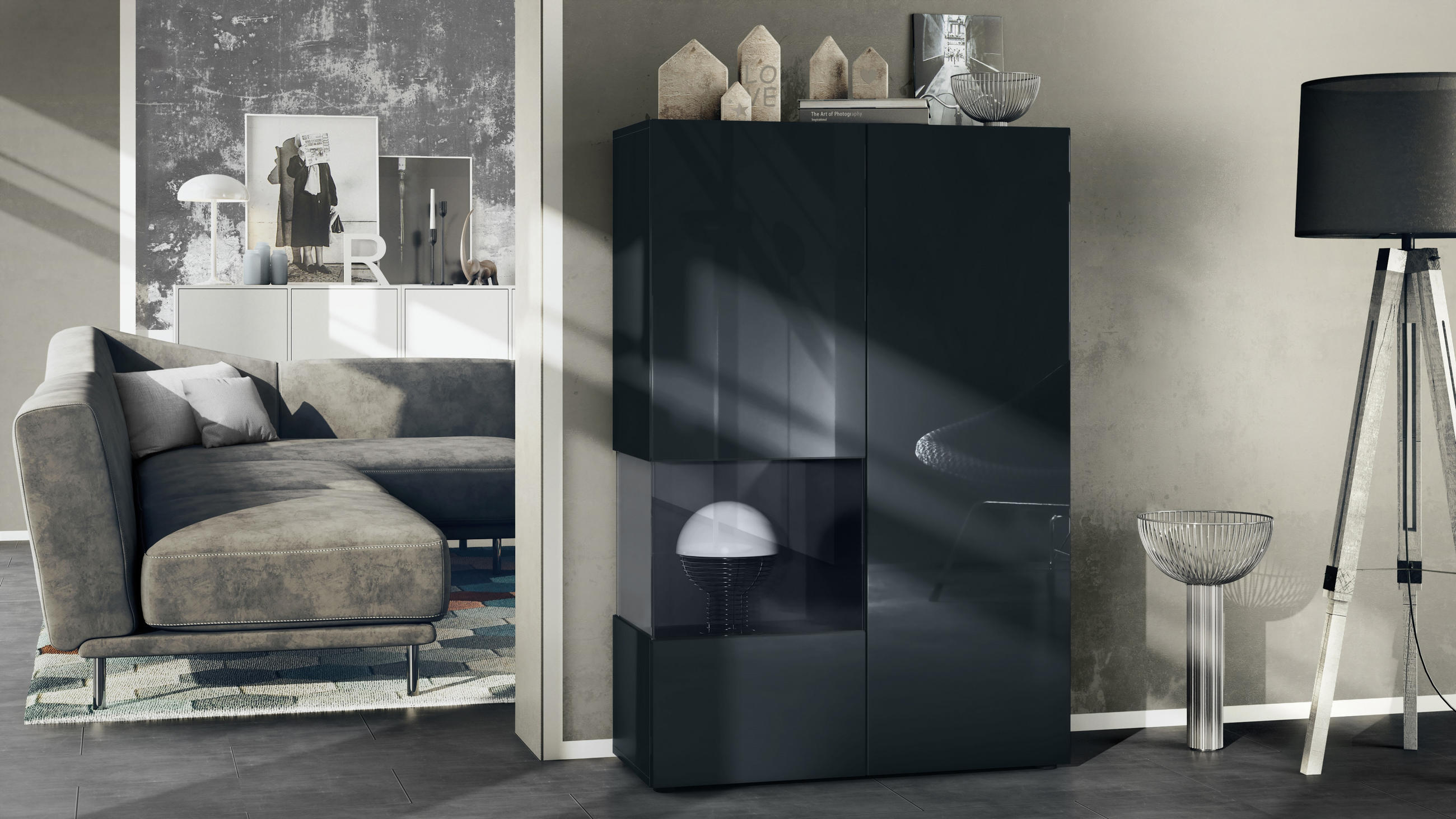 VITRINE Morena Einsatz in Schwarz matt - Schwarz, Holzwerkstoff (91.5/136.5/37cm) - Vladon
