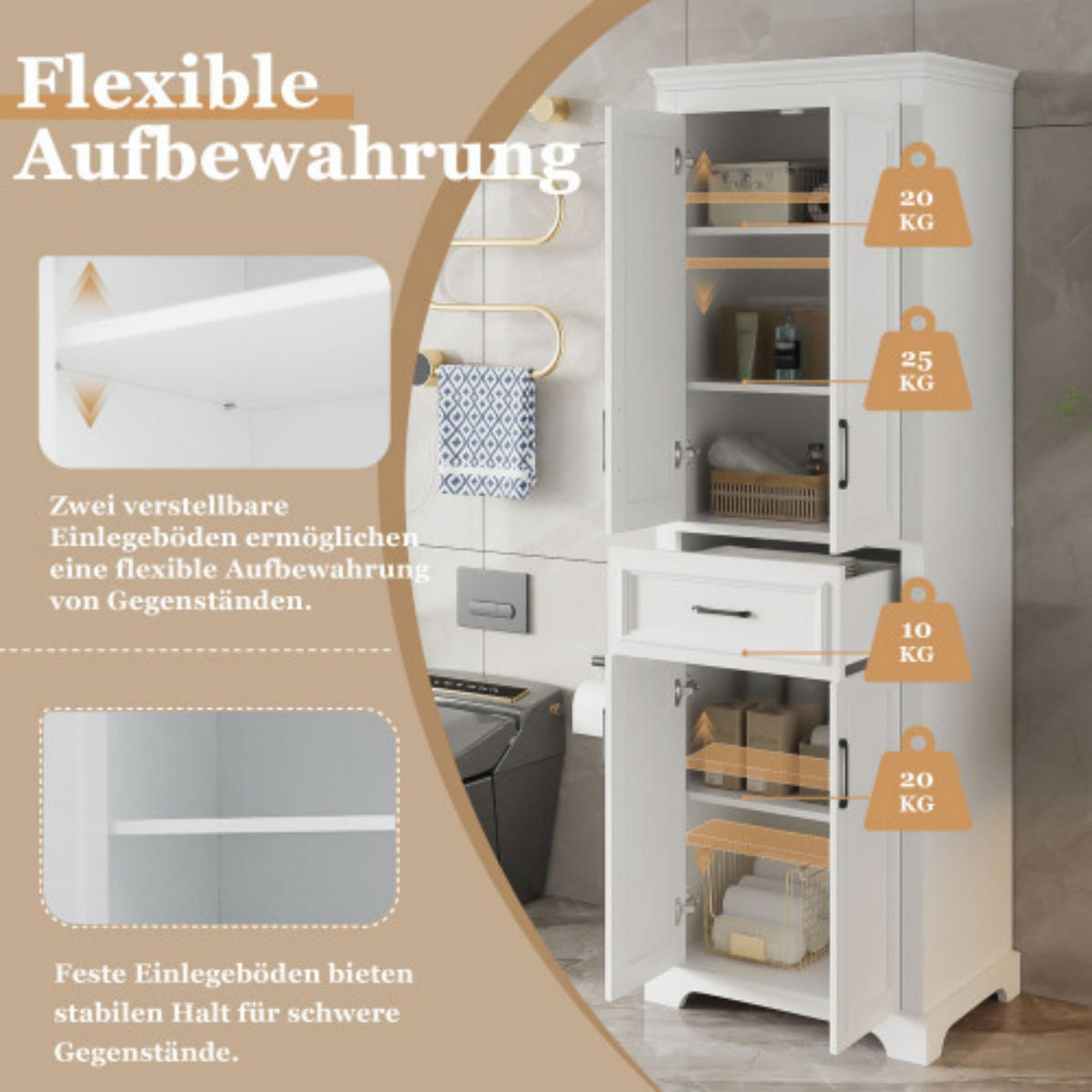BADEZIMMERSCHRANK Hochschrank 60x40x180 cm Weiß aus MDF mit Türen, Schublade und verstellbaren Einlegeböden - Weiß, Holzwerkstoff (60/180/40cm) - Modfu