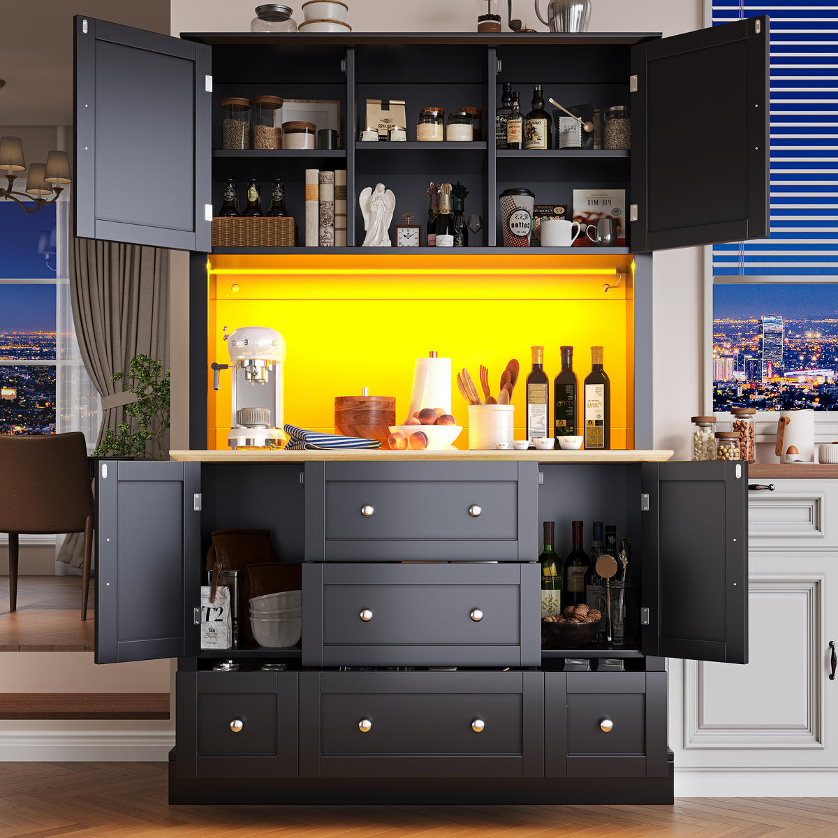 HOCHSCHRANK mit App-gesteuerter LED-Beleuchtung, 3 Schubladen, MDF, 115/40/180 cm, Schwarz/Natur - Schwarz, Holzwerkstoff (115/180/40cm) - Redom