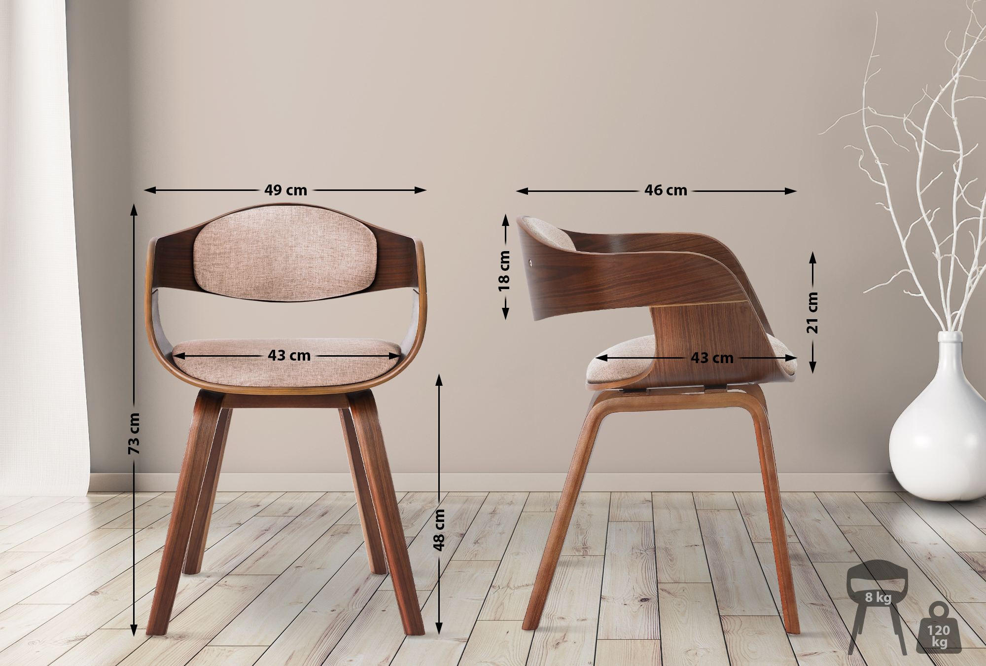 ARMLEHNENSTUHL 2er Set Stoff Walnuss/Creme - Walnussfarben/Creme, Holz/Textil (49/73/46cm) - CLP