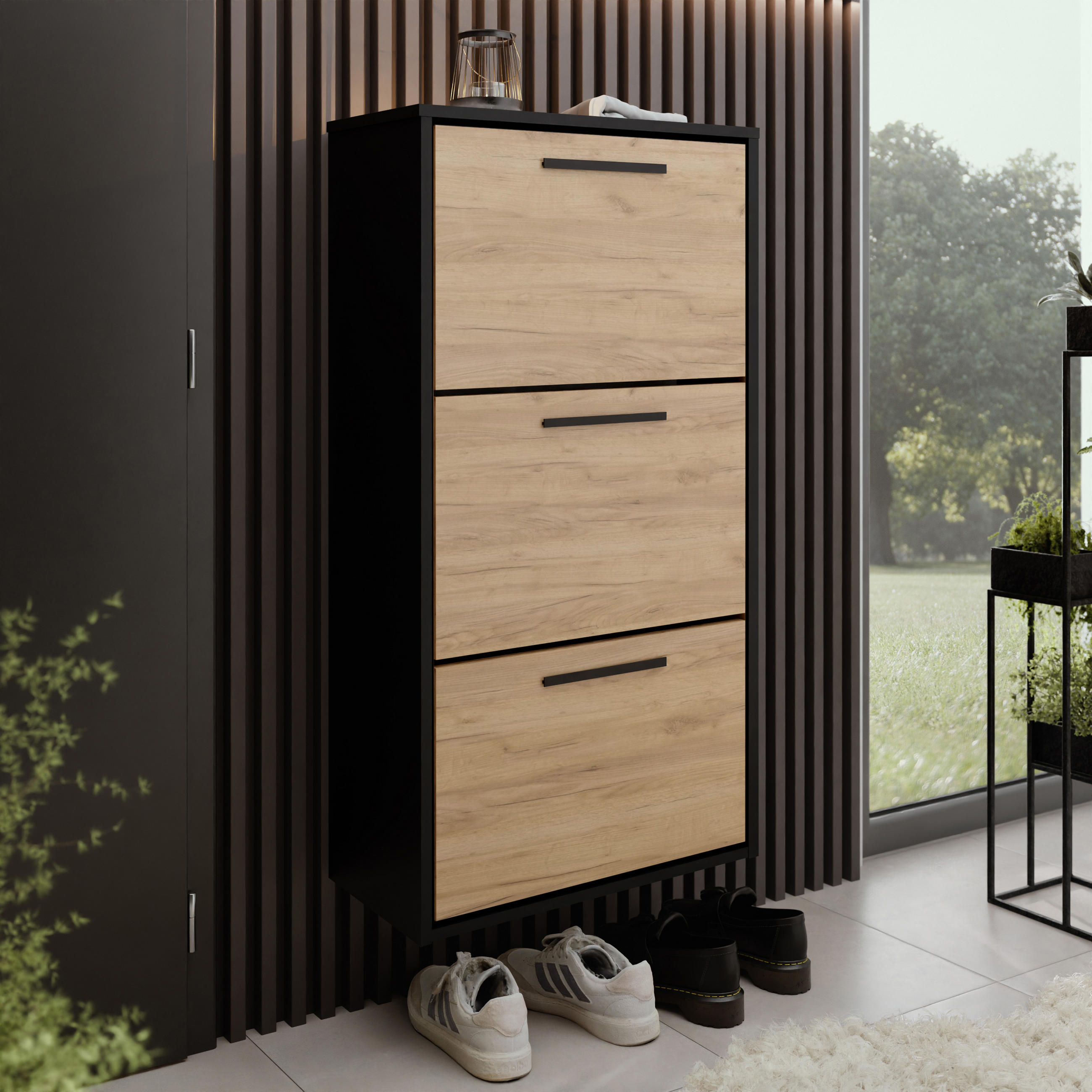 SCHUHSCHRANK Asper Schwarz & Craft Eiche Gold - Honigeiche/Schwarz, Holzwerkstoff (59/114.6/24cm) - Kier Furniture