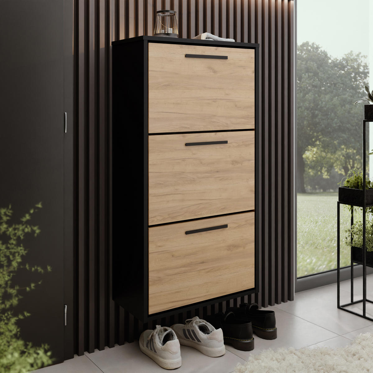 SCHUHSCHRANK Asper Schwarz & Craft Eiche Gold - Honigeiche/Schwarz, Holzwerkstoff (59/114.6/24cm) - Kier Furniture