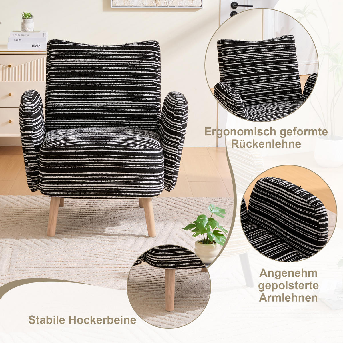 KŘESLO látka bouclé, moderní, s boční kapsou a dřevěnými nohami - černá, textil (77/87/81cm) - Urban Meuble