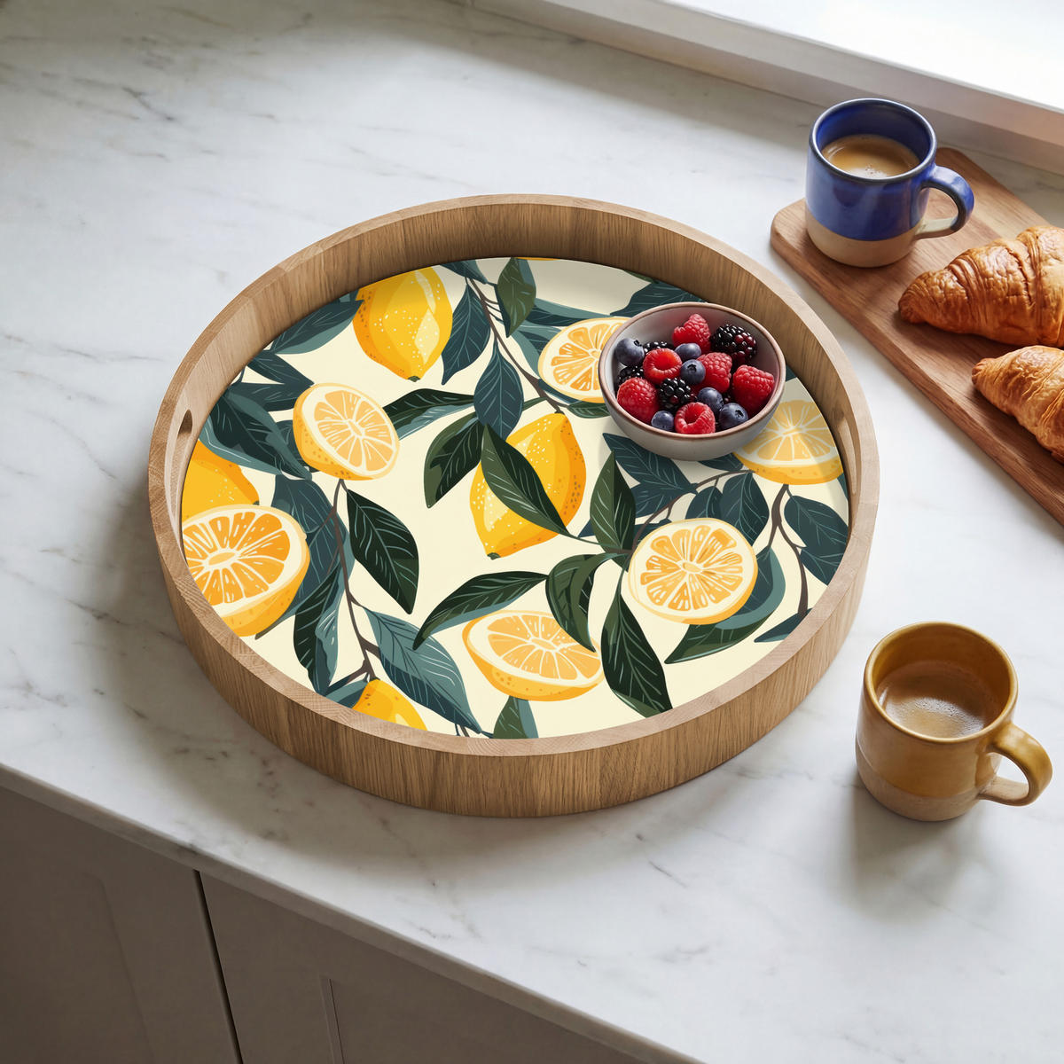 TABLETT - Zitronen - Früchte - Blätter - Gelb - Grün - Beige - 40x40 cm - Gelb, Holz (40/5/5cm) - OnlyWow