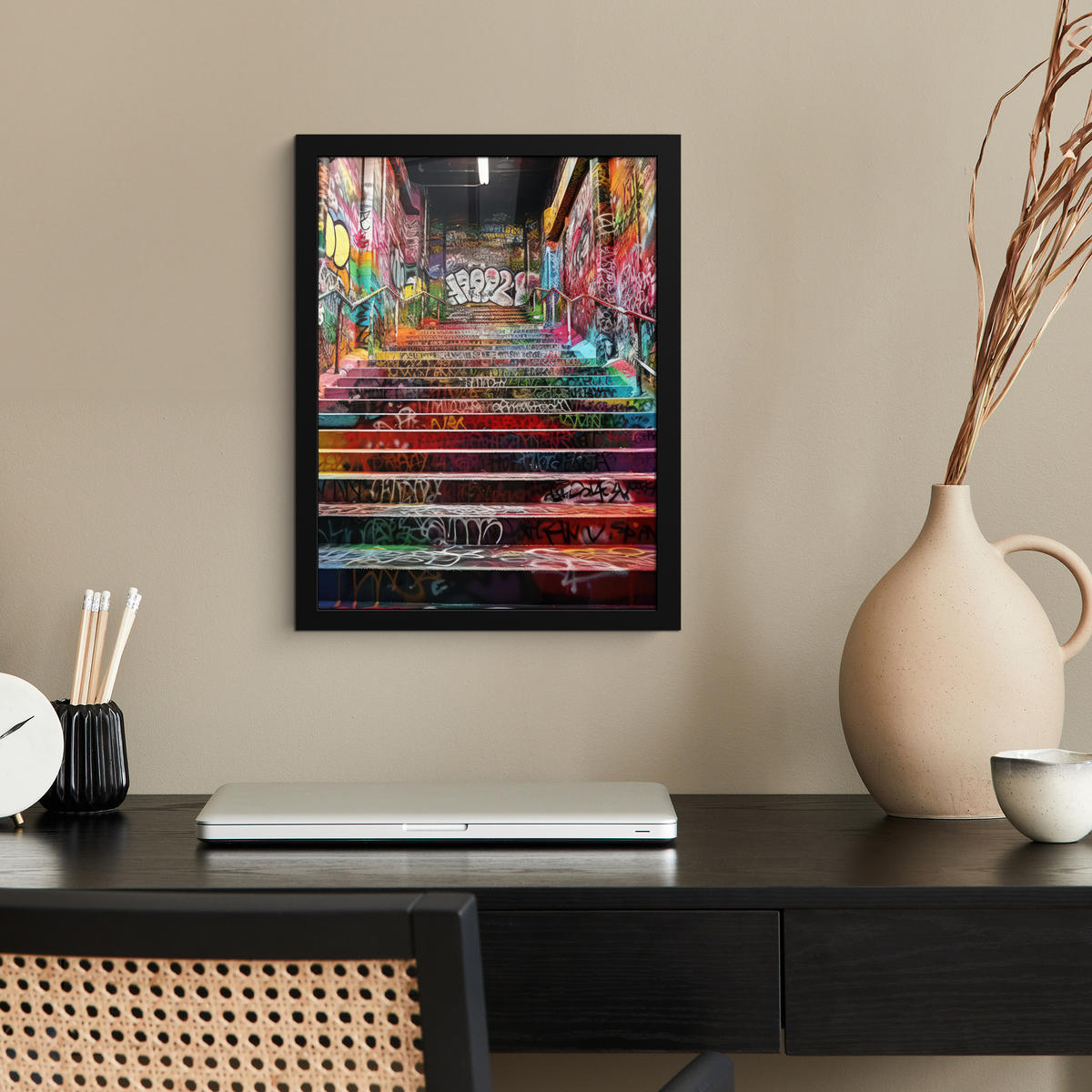 GERAHMTES BILD Treppe - Graffiti - Farben - Kunst 30x40 cm - Multicolor, Papier (30/40cm) - MuchoWow