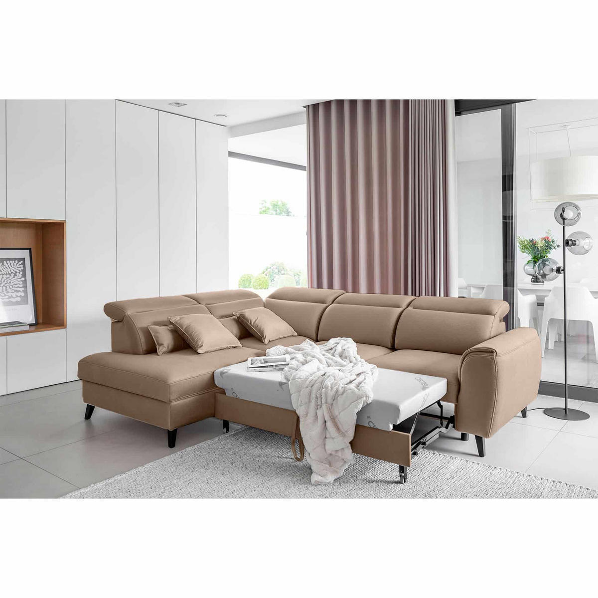 ECKSOFA mit Schlaffunktion & Bettkasten - Hellbraun/Schwarz, Holz/Textil (255/201cm) - Eltap