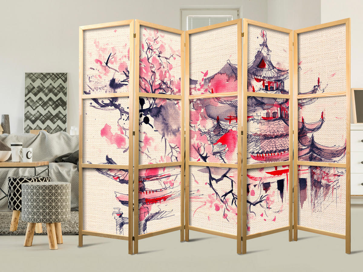 PARAVENT Japanischer 5-tlg 225x172 cm Bemalter Tempel - Rosa, Holz/Textil (225/172/3cm) - Muralo