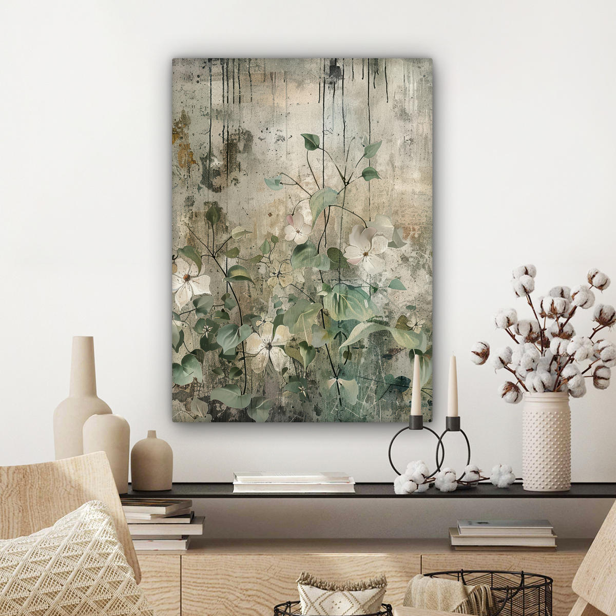 LEINWANDBILD - Blumen - Blätter - Abstrakt - Modern - 60x80 - Gemälde - Grau, Textil (60/80cm) - MuchoWow