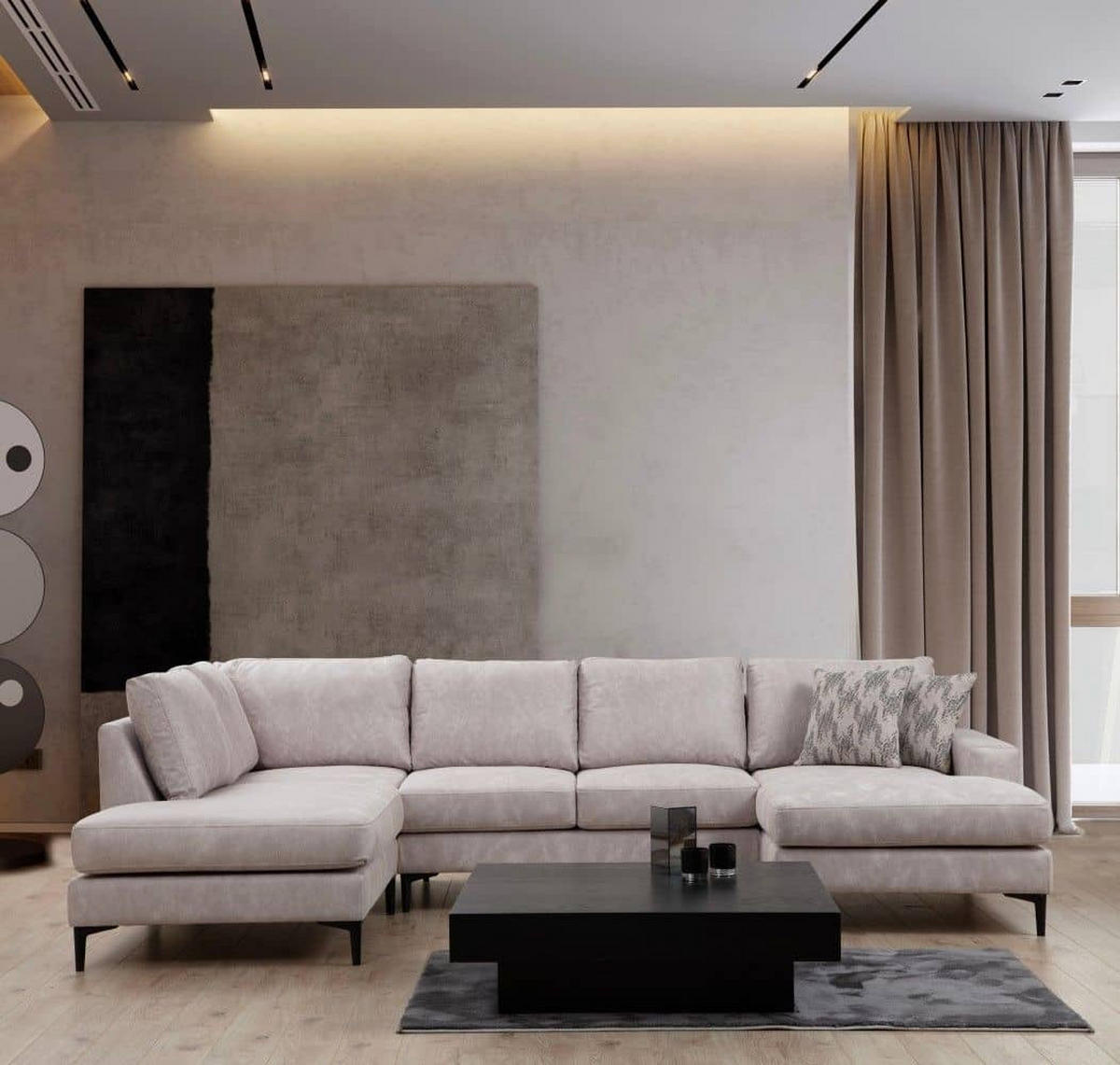 WOHNLANDSCHAFT mit großzügiger Sitzfläche für die ganze Familie - Beige/Schwarz, Holzwerkstoff/Kunststoff (314/90/200cm) - myHomelando
