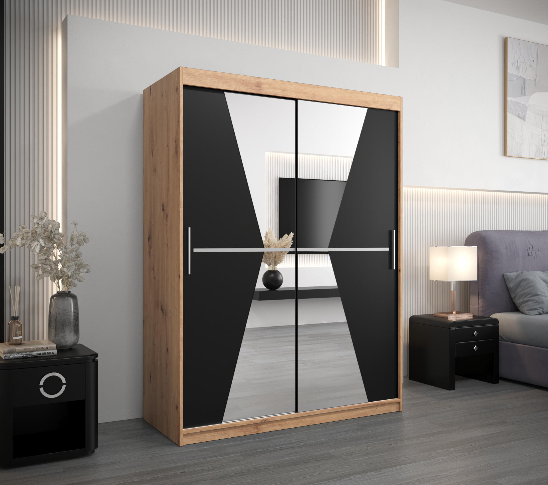 SCHWEBETÜRENSCHRANK 200/150/62 2-türig - Silberfarben/Schwarz, Holz/Kunststoff (150/200/62cm) - Abiks Möbel