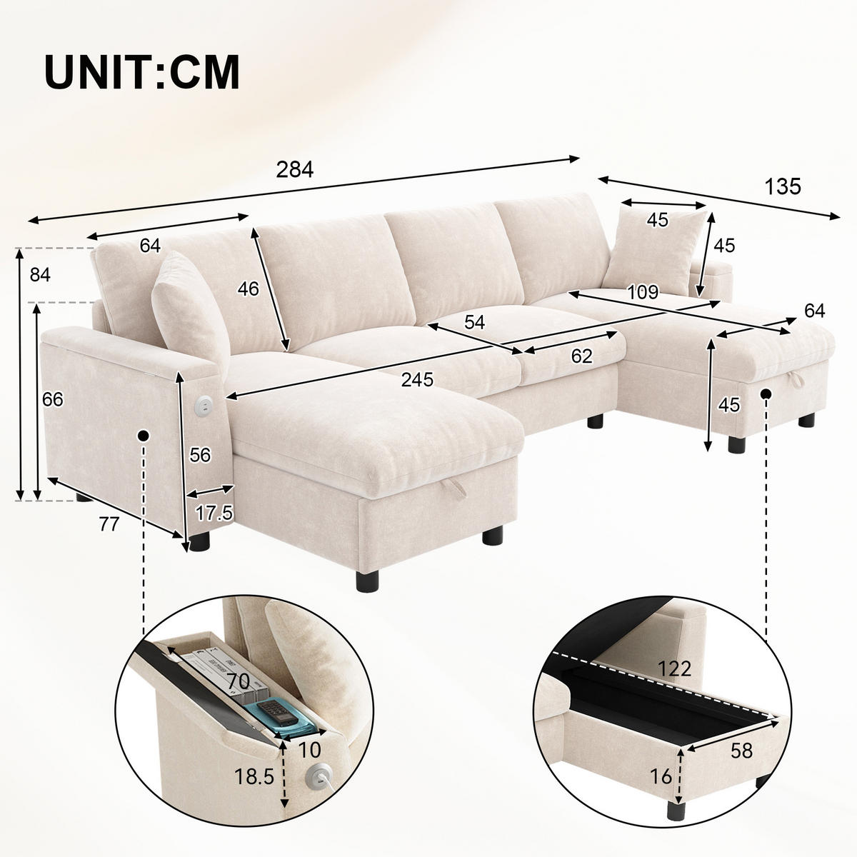 WOHNLANDSCHAFT Chenille Beige mit Stauraum, USB und Type-C-Anschluss - Beige, Holzwerkstoff/Kunststoff (284/84/135cm) - WISHDOR