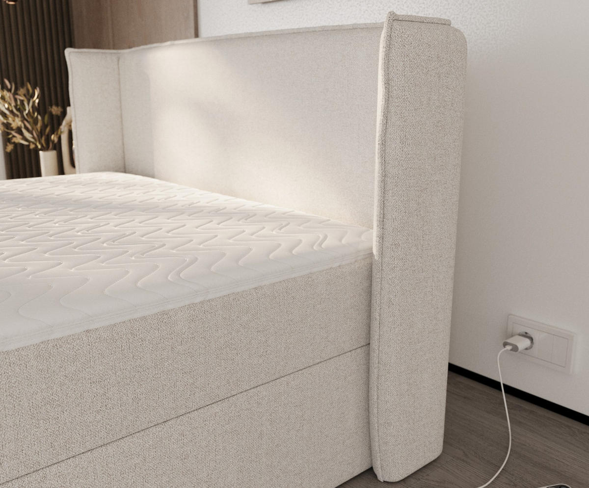 BOXBETT Viva 140/200 cm Hellbeige im Riva Stoff - Beige/Schwarz, Holz/Holzwerkstoff (140/200cm) - AltaBeds