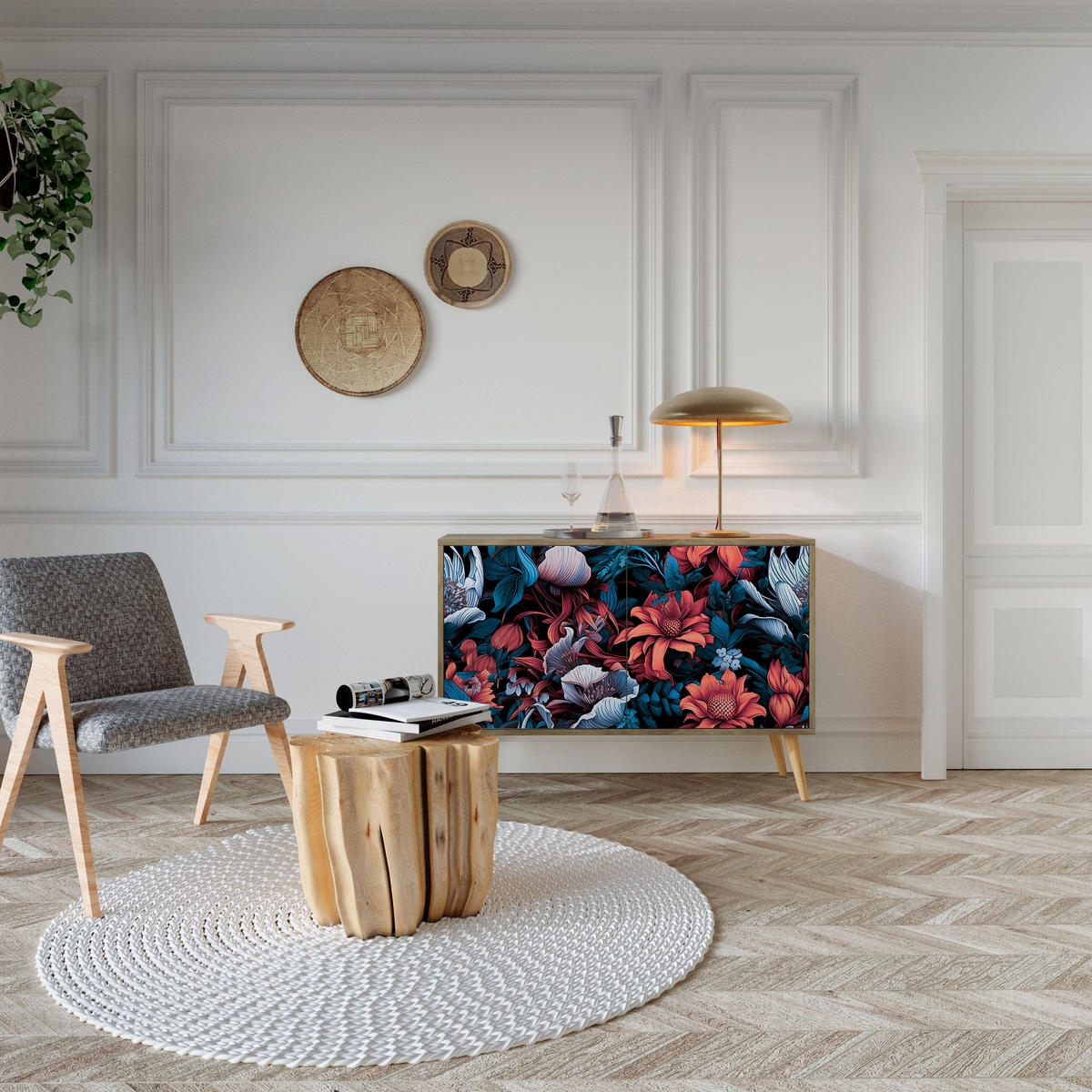 SIDEBOARD ETHEREAL BLOSSOMS, Eicheneffekt, 111x42x77,5 cm, 2 Türen - Eichefarben/Buchefarben, Holzwerkstoff/Buchenholz (111/77.5/42cm) - SpaceRebels