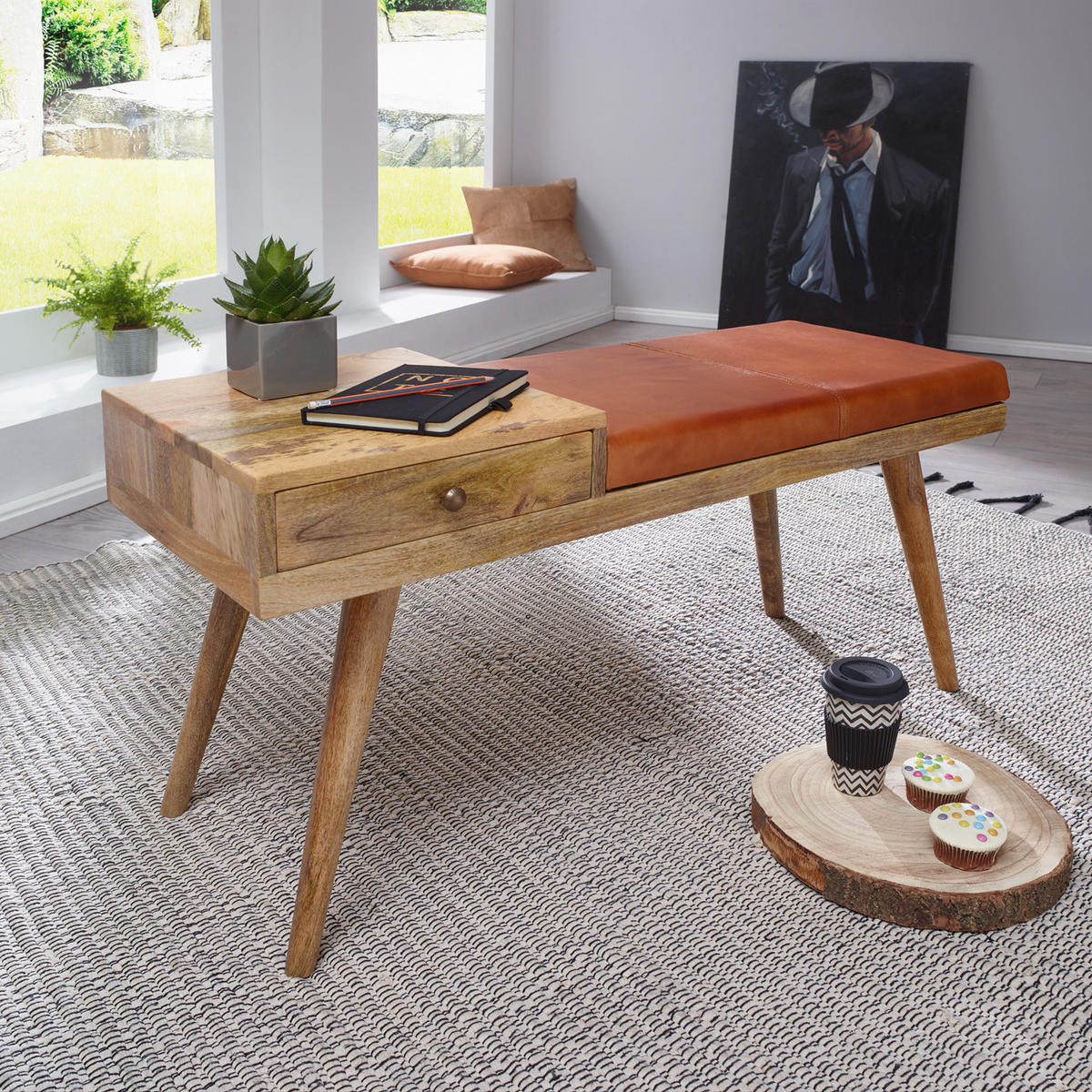 SITZBANK Retro Stil Stauraum Ziegenleder Bezug, Braun 100x38x52 cm - Braun, Leder/Holz (100/52/38cm) - KADIMA DESIGN