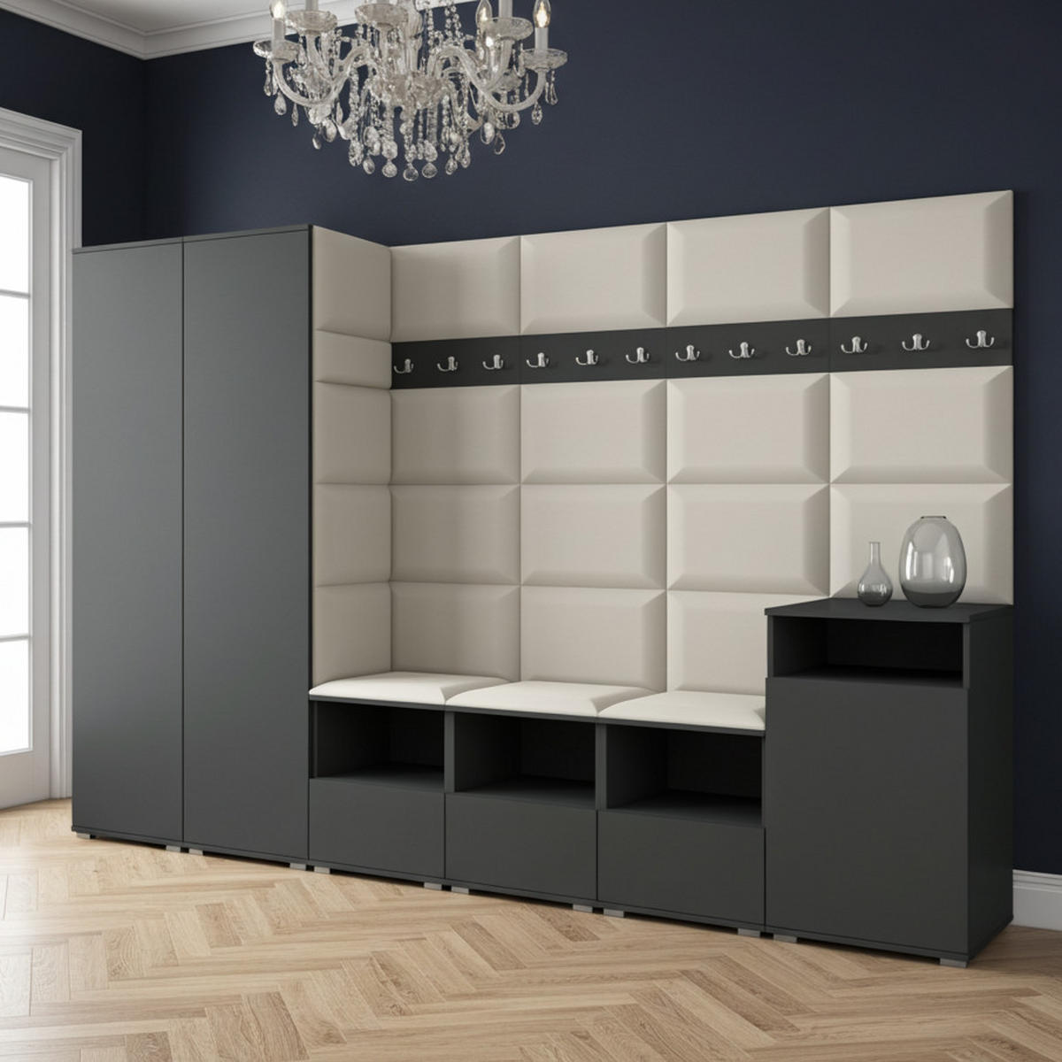 GARDEROBE NELA XII 300 cm (Modulare Flurmöbel Graphit mit Sitzpolster Creme 01 Gigantisches Set) - Silberfarben/Creme, Holz/Holzwerkstoff (300/187/40cm) - Ravio