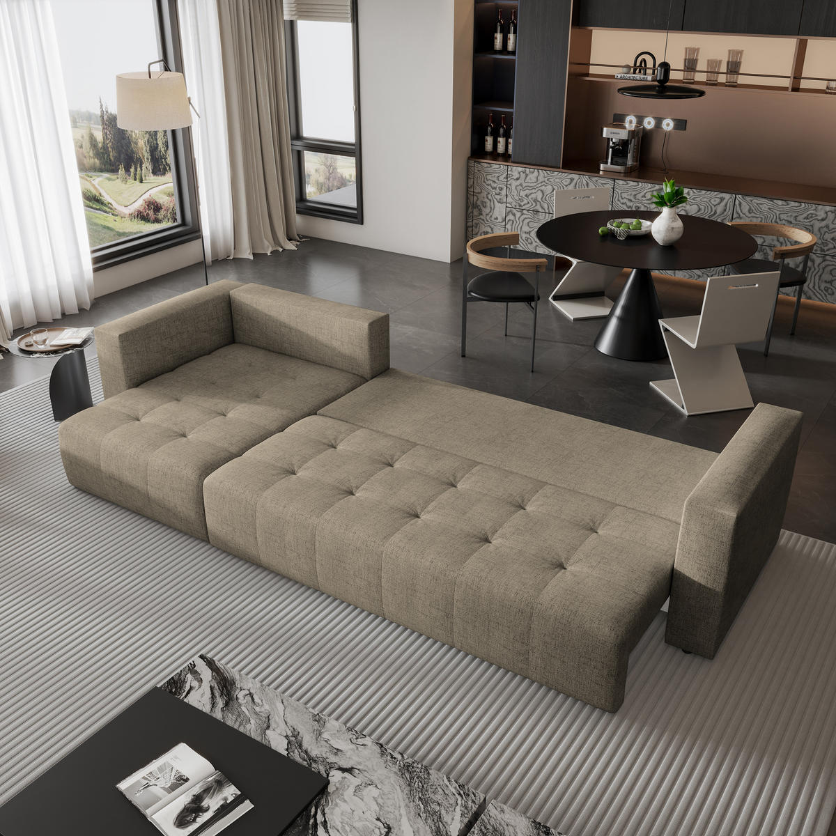 ECKSOFA OLVERA Braun Geflochtener Stoff mit Schlaffunktion - Braun, Holz (347/148cm) - MASSENO