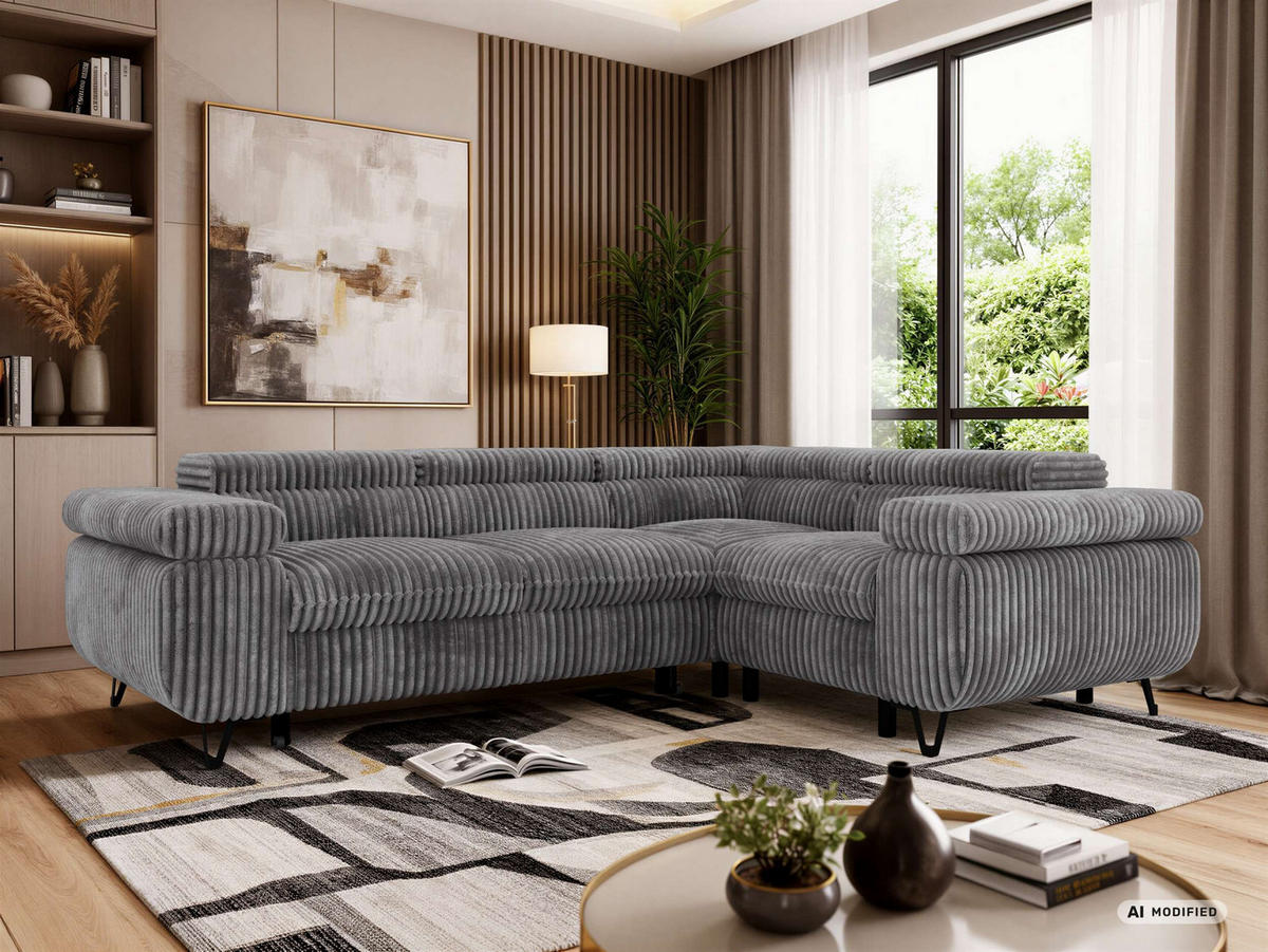 ECKSOFA FALCO L - Grau Cord - Rechts Seite - Schwarz/Grau, Textil/Metall (268/197cm) - MKS