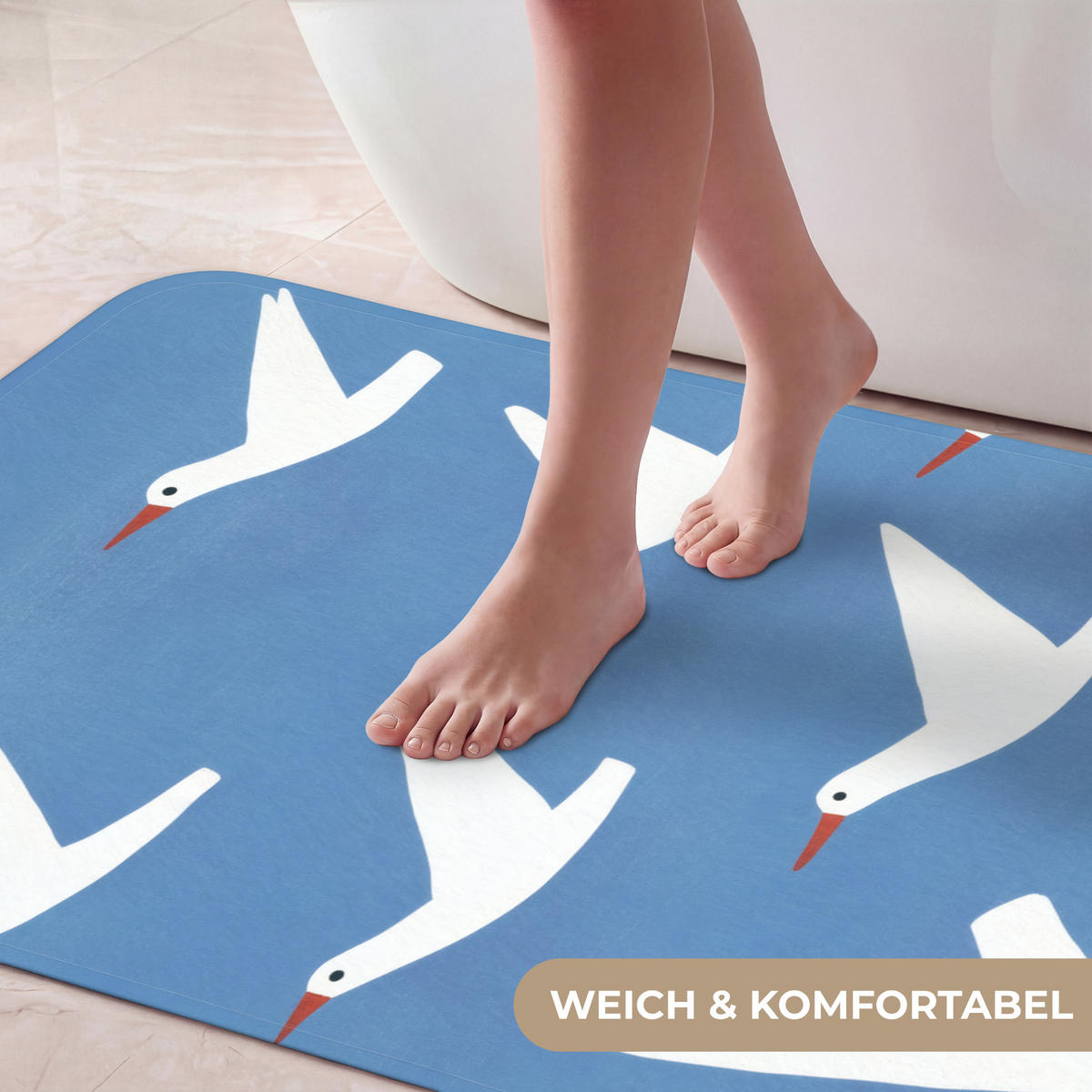 BADEMATTE Vögel - Weiß - Muster 60x120 cm - Blau, Kunststoff/Textil (60/120cm)
