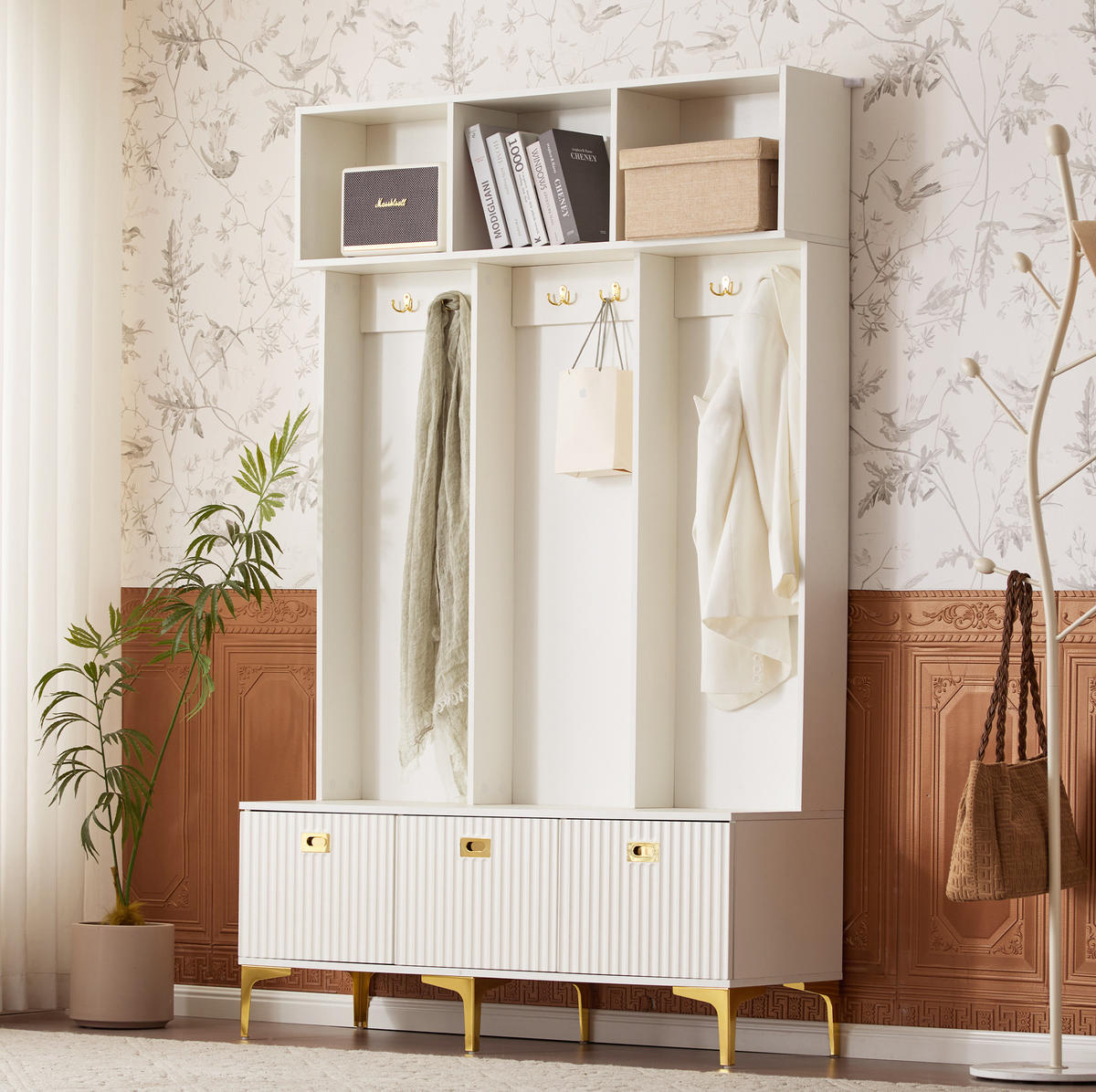 GARDEROBE mit Sitzbank, Spanplatte mit goldfarbenen Details, 120/23,5/191,5 cm, Weiß - Weiß, Holzwerkstoff (40/191/120cm) - Redom