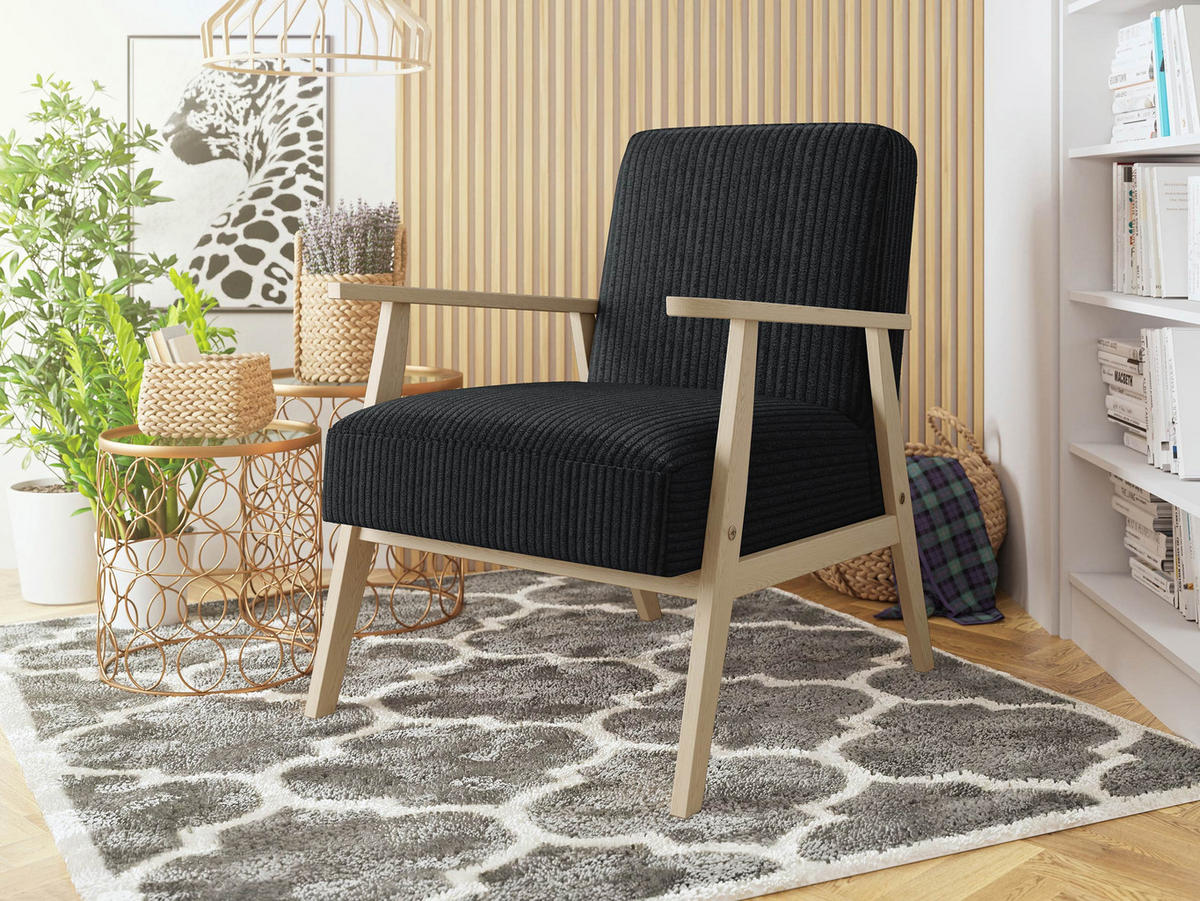 SESSEL Retro Cord - Anthrazit/Naturfarben, Holz/Textil (59/76/67cm) - MIRJAN24
